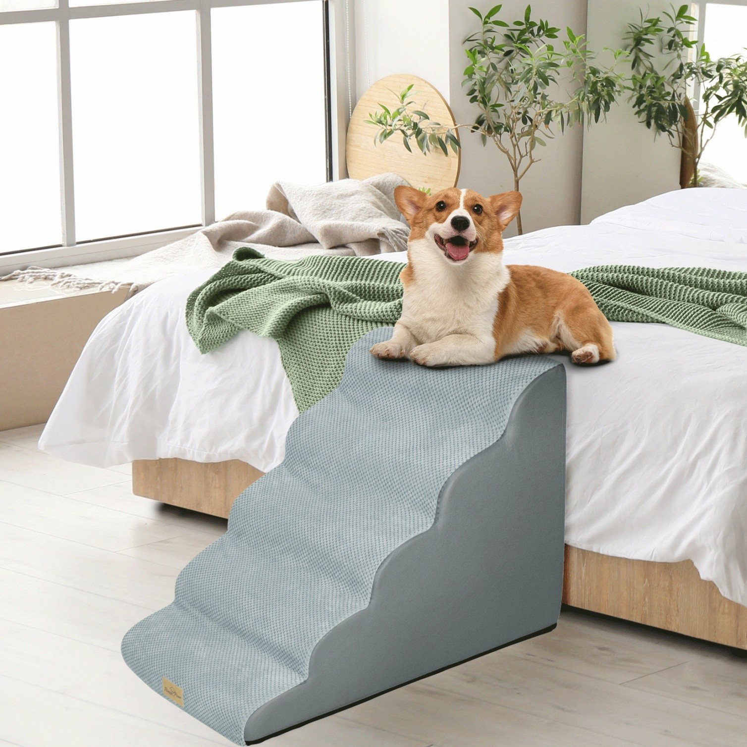 Image of 5-step Dog Stairs And Ramp With Non-slip Surface, Pet Steps For High Beds Couches Sofas, Foam Ramp For Small Medium Dogs Cats, Lightweight With Pattern Washable Cover