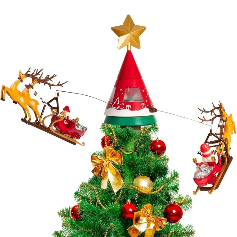 TEMU BAKAJI Puntale con Slitte di e , Decorazione per Albero con Luci LED Caldo, Decorazioni Addobbi Natalizi Musicali Girevoli con Attacco USB