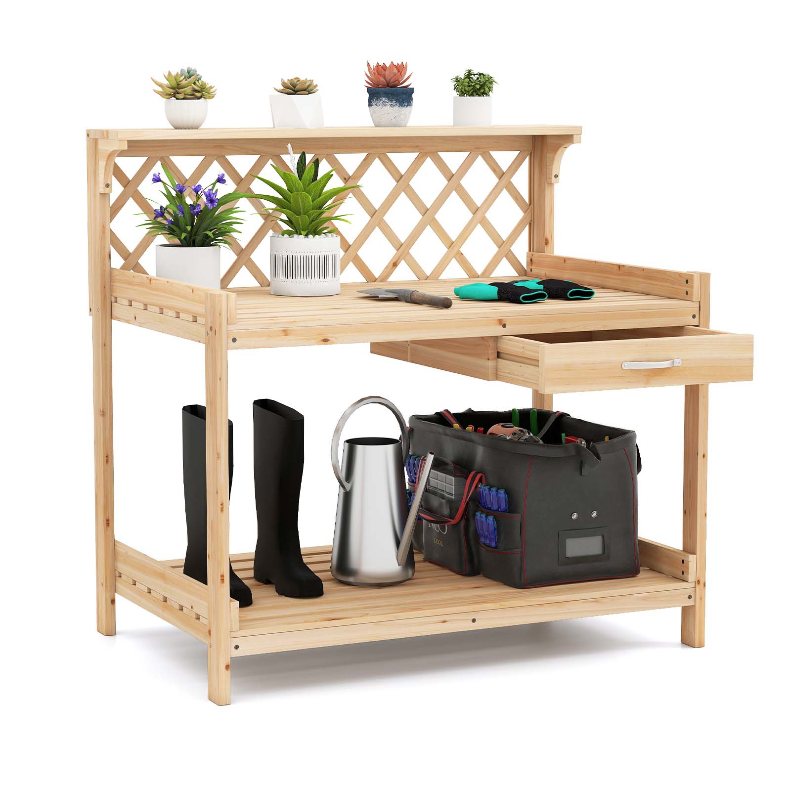 Garden Bench Table, Grating Wood Planting Workstation, Removable Drawer, Top And Bottom Rack