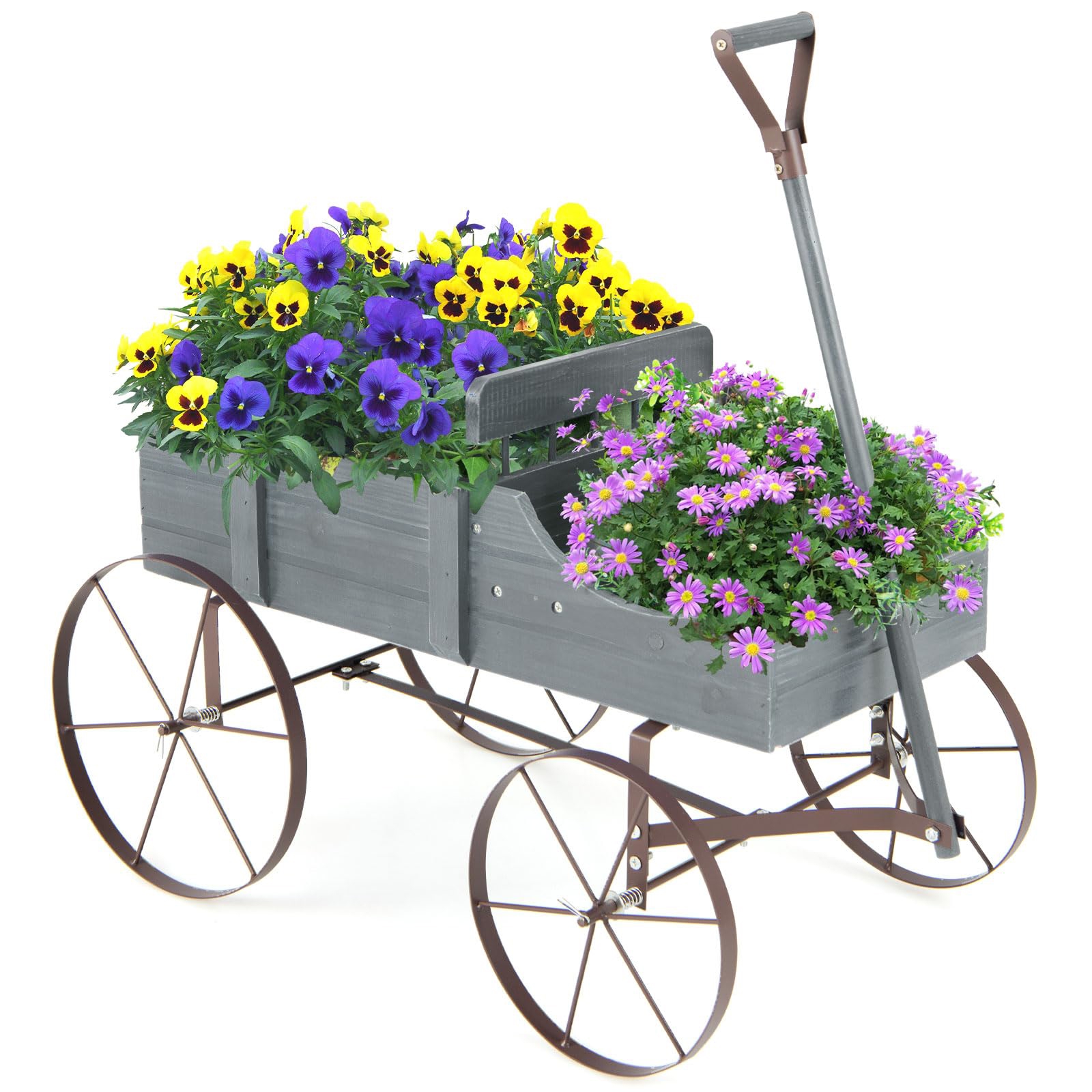 Flower Planter, Decorative Pot Stand With Adjustable Handle, 4 Wheels, 2 Planting Sections, Outdoor Planter For Backyard, Garden, Patio