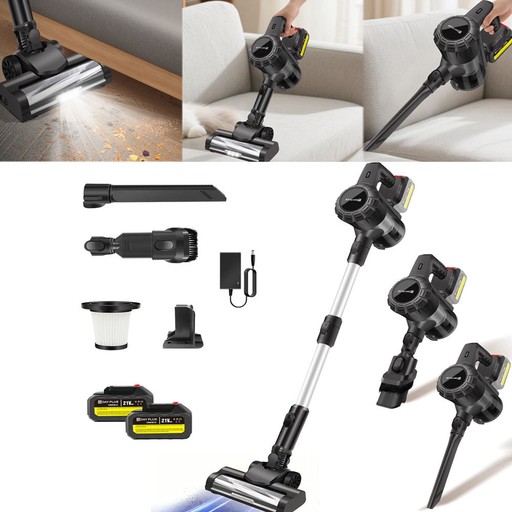 E-shop Akku Staubsauger mit 2 Akkus, 500W/45000Pa/45Min Staubsauger Kabellos mit Selbststehende Wandladestation, Selbststehender Kabelloser Akkusauger
