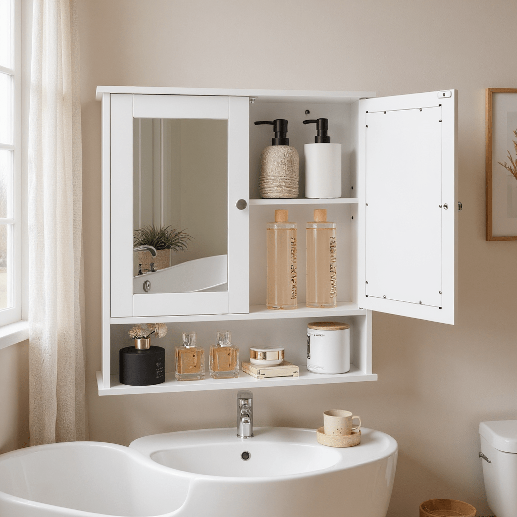 TEMU Mirror Cabinet, White, Bathroom Cabinet, Wall Cabinet, Hanging Cabinet With 2 Mirror Doors And Open Shelf, Adjustable Shelf, Wall Mounting.