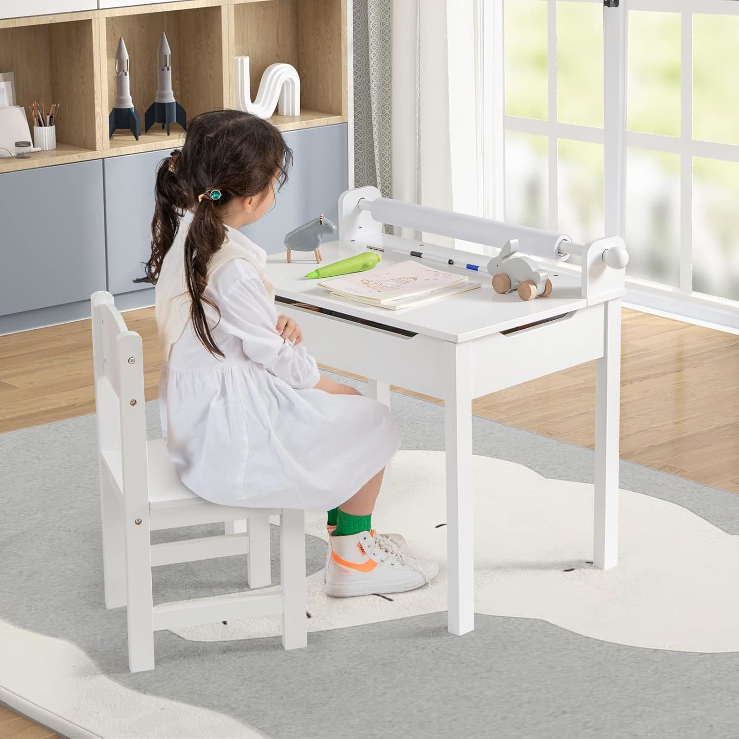 Image of Toddler Activity Table With Chair, Kids Sensory Table Set With Storage And Paper Roll Holder For Drawing Studying Playing, Kids Art And Crafts Table Set Includes Paper Roll And Markers