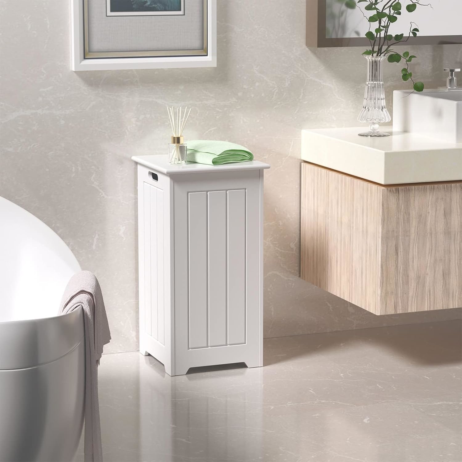 Image of 35l Laundry Cabinet, Freestanding laundry Hamper Bin W/ Top Lid & Metal Hinge & Side Handle, Contemporary Style Entryway Storage Organizer, Large Capacity Bathroom Floor Cabinet, Easy Assembly, White