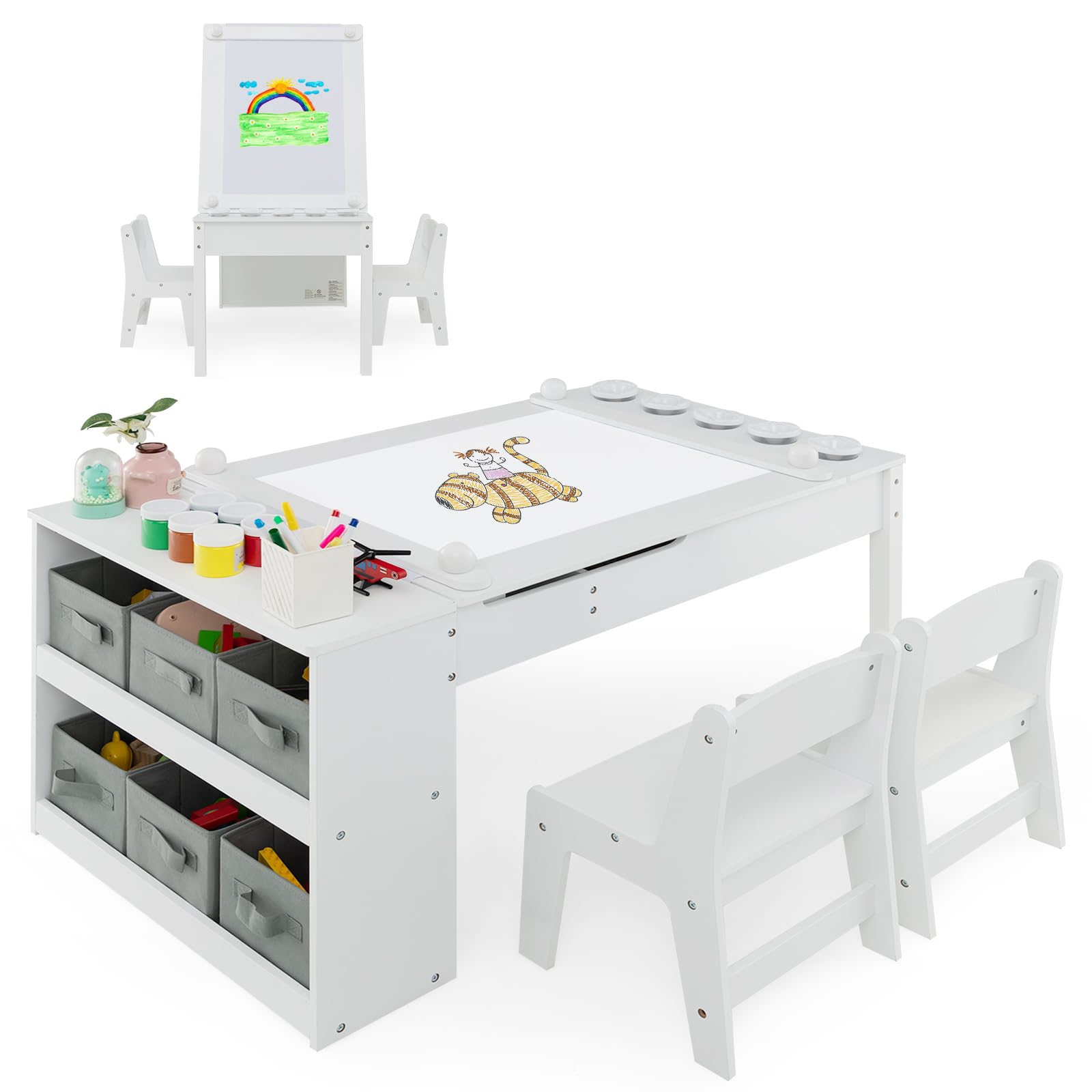Image of Toddler , Kids Art Easel Table And Chairs Set With Tabletop, 6 Storage Bins, 5 Paint Cups & 1 Paper Roll, Kids Activity Table And Chair Set For , School