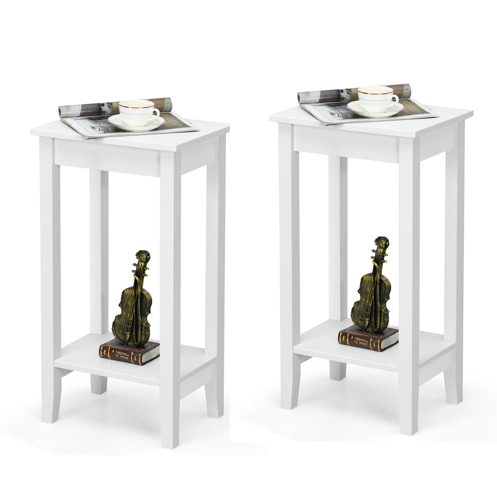 Set Of 2 End Table, Versatile 2-tier Tall Side Table With 4 Solid Wood Legs, Rectangle Narrow Compact Storage End Table Coffee Table For Living Room/bedroom, White