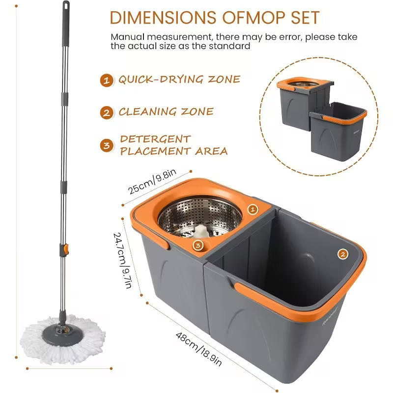 Smart Mop Cleaning Set – 1x Bucket + 2 Replacement Mop Heads, Anti-Splash, Durable & Sturdy Material – Easy Floor Mopping System – Microfiber Spin Mop and Bucket Set (Red & Black)