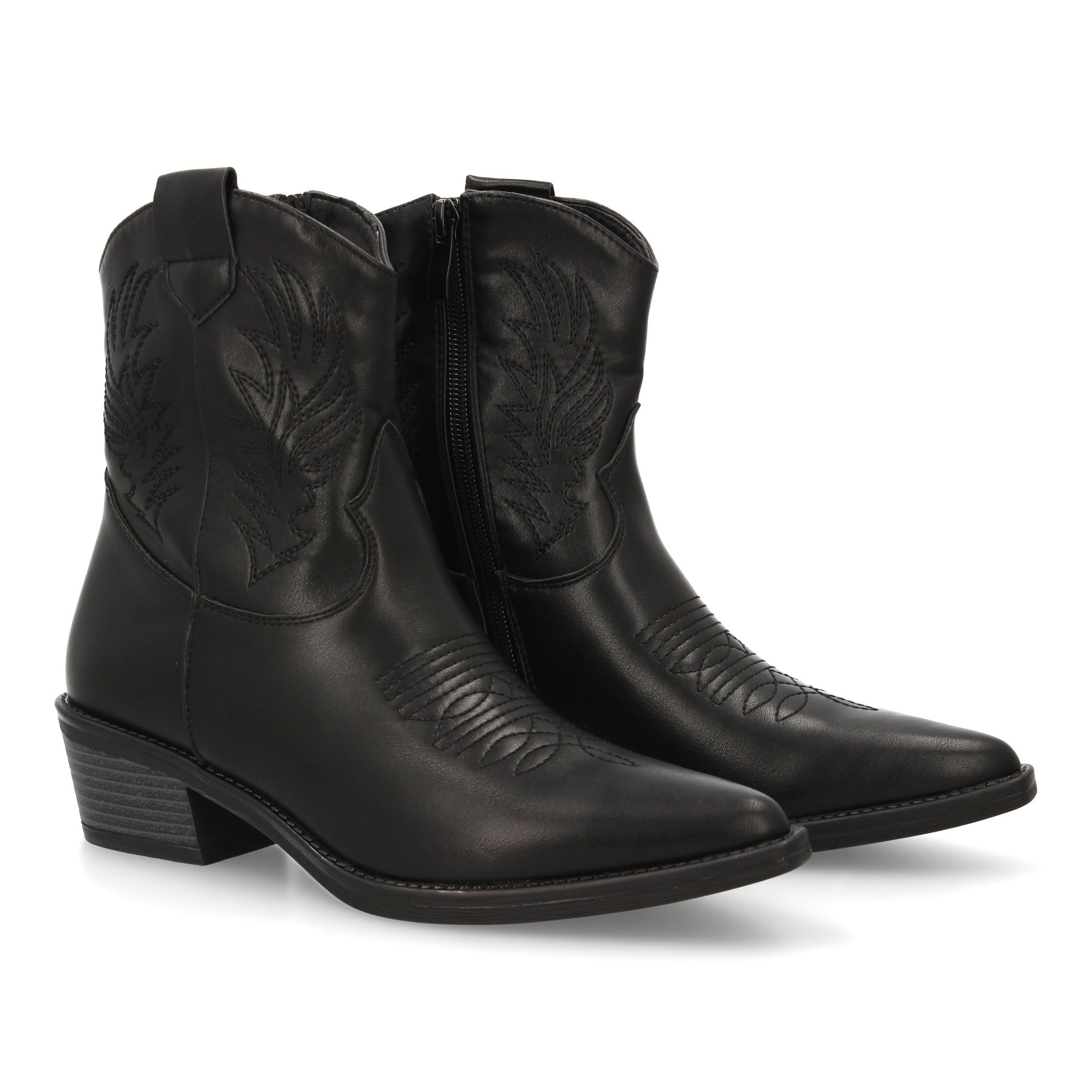 Image of Cowboy-style Boot With Mid-calf And Decorative Embroidery, Wide Heel And Fine Point. Smooth Print, With Zipper Closure, Ideal For Women In -winter Season.