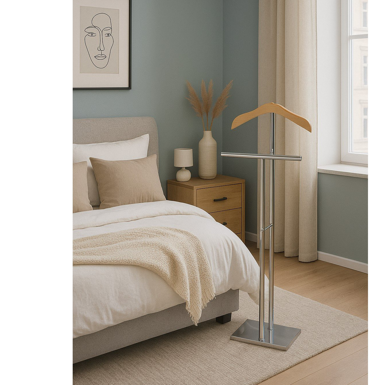 Image of Modern Chrome-plated 's Coat Rack With Suit And Trouser Hangers – Freestanding Coat Stand With Mdf Wooden Hangers – 108 Cm Tall, Space- & Sturdy