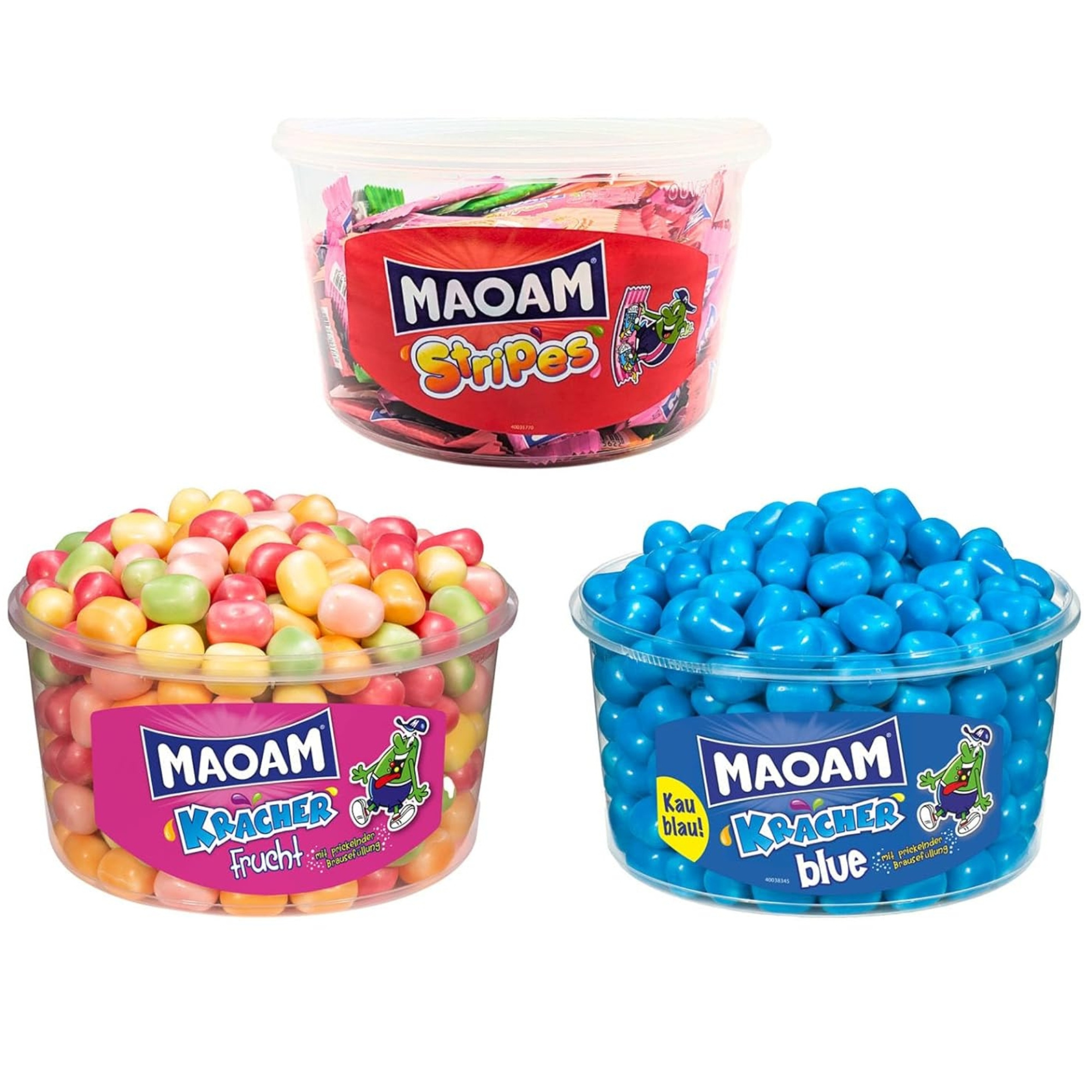 E-shop Haribo Maoam Kracher 1x Frucht 1200g + 1x Blue 1200g + 1x Stripes 700g | Gesamtinhalt 3100g | Kaubonbons für Kinder das Büro oder die Party