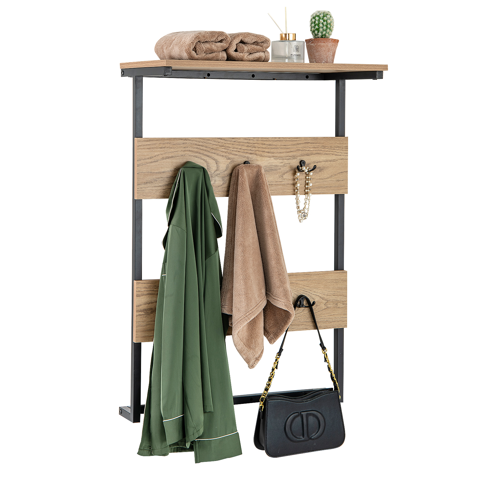 Image of Entryway Wall Coat Rack, Wall Mounted Coat Rack W/6 Hooks & Display Shelf, Heavy-duty Metal Frame Clothes Rack, Space- Storage Shelf, Vintage Style Wall Shelf For Hallway Bedroom Bathroom Kitchen