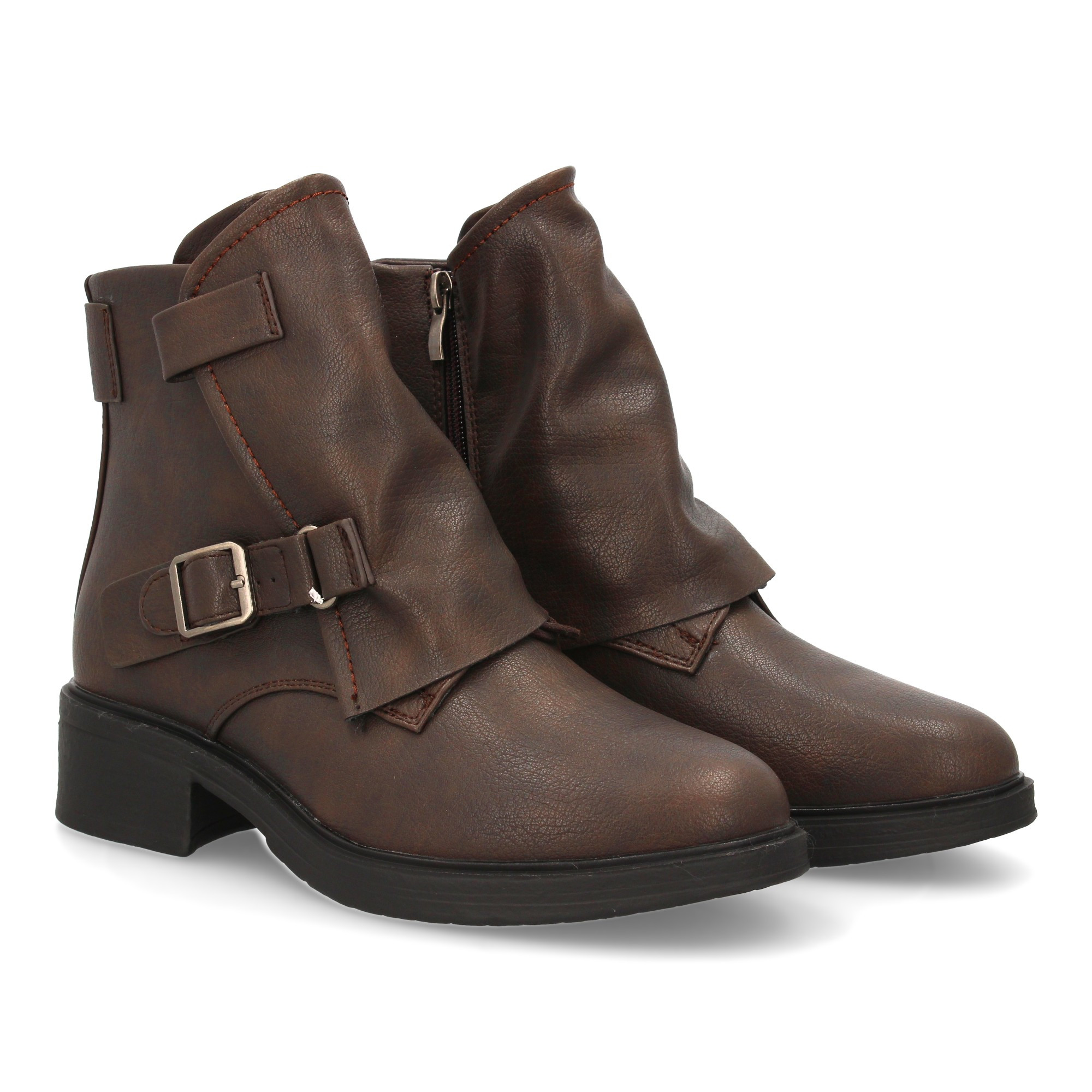 Image of Boots With Metal Buckles And . Comfortable Wide Heel. Zipper Closure. Front Lining Detail. Perfect For Fall And Winter