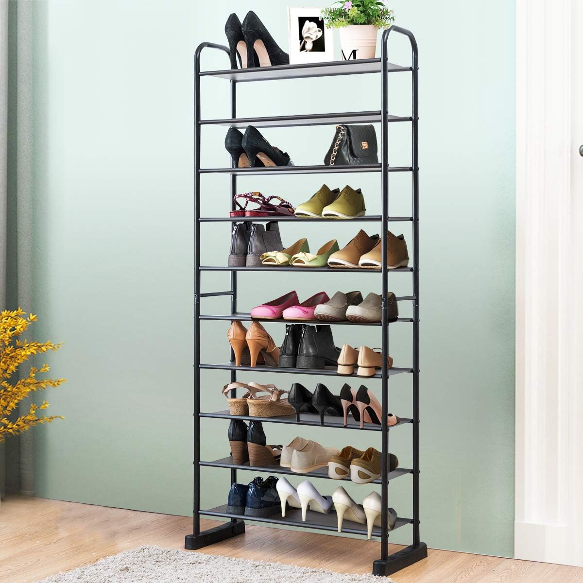 Image of 10-tier Shoe Rack, 50 Pairs Shoe Storage Organizer With Removable Shelf & Metal Frame, Space Shoe Tower With Large Capacity For Living Room, Hallway, , Black