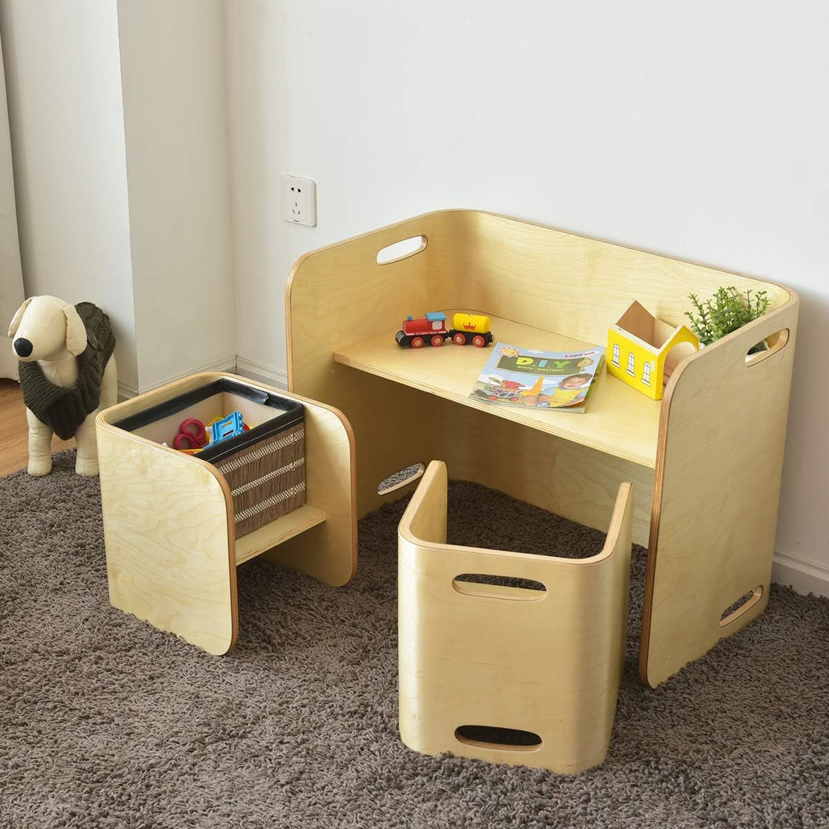Image of Kids Table & Chair Set, Birch Table And Chair Set, Multipurpose Furniture Set W/ Thicker Planks & Smooth Surfaces, Kids Learning Desk For Kindergarten, 3-piece Set