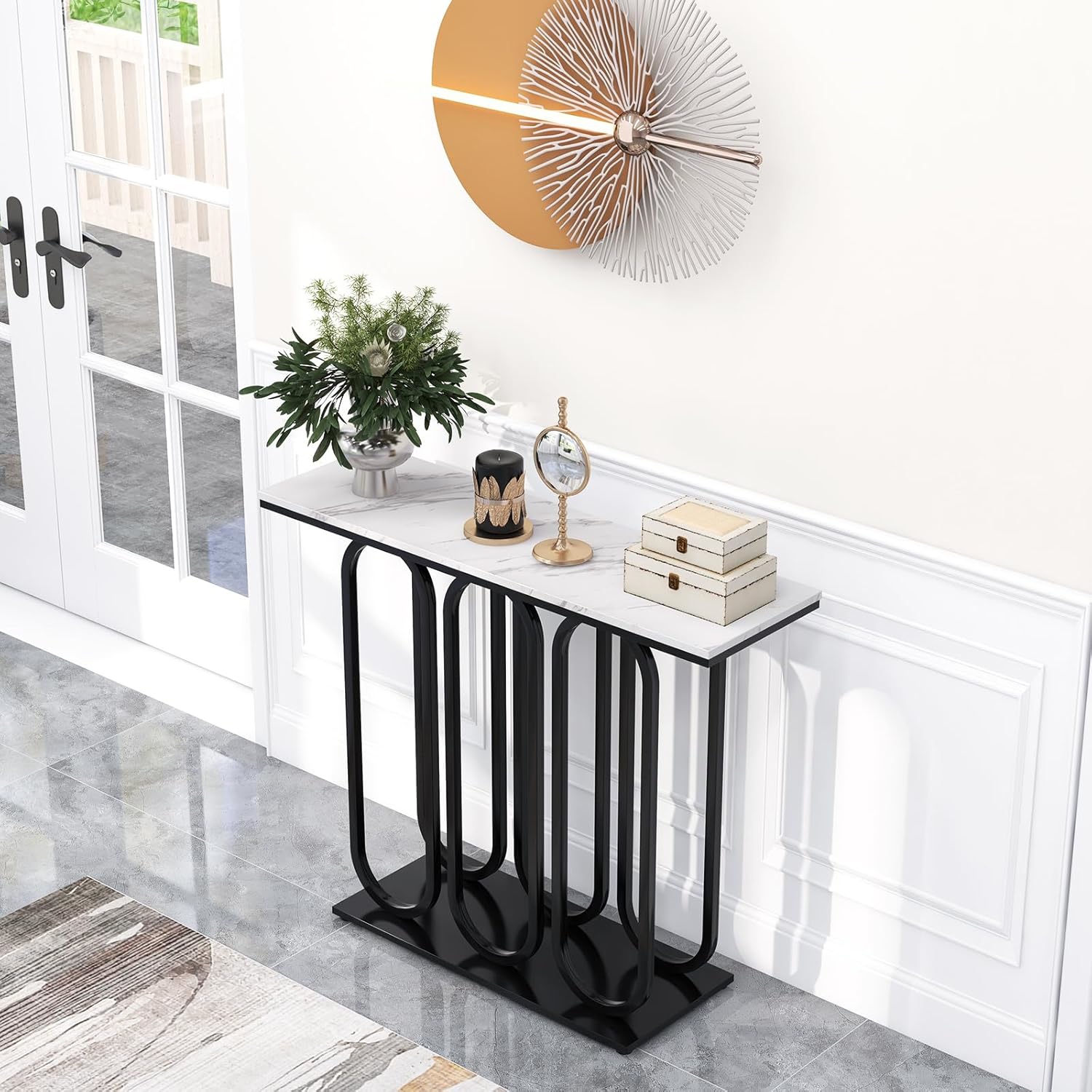 Image of 100 Cm Console Table, Marble Entryway Table With Adjustable Foot Pads, Metal Frame & Anti-tipping Kits, Hallway Foyer Table, Side Table Behind Couch For Living Room, White & Black
