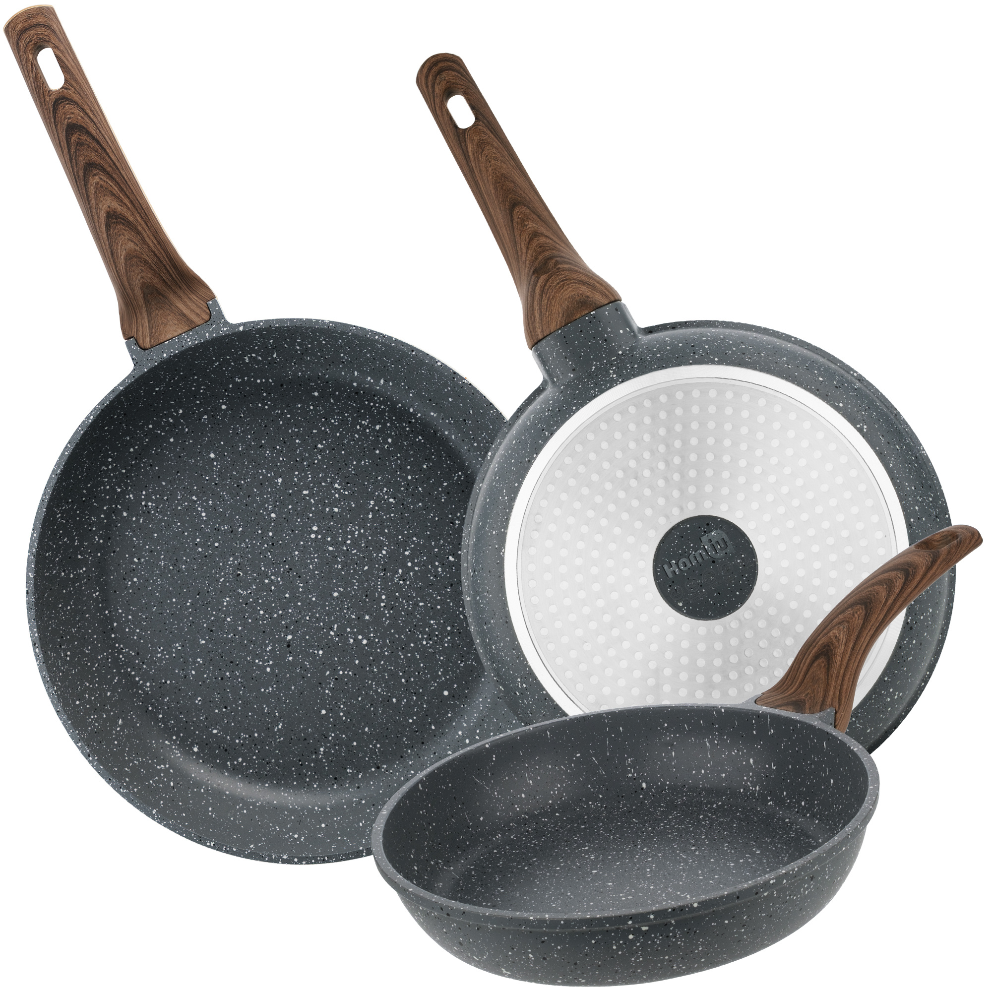 TEMU Homiu 3-piece Non Stick Frying Pan Set – Dark Grey – 20/24/28cm Pans – Induction, Gas, Ceramic & Electric Hob Compatible – Oven Safe