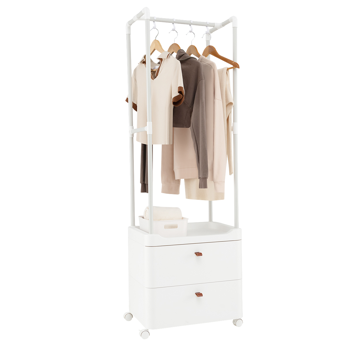 Image of Clothes Rack With 2 Drawers, Closet Organizer With Lockable Wheels, Freestanding Heavy-duty Clothing Stand Dresser With Hanging Rod & Storage Shelves, For Entryway, Bedroom