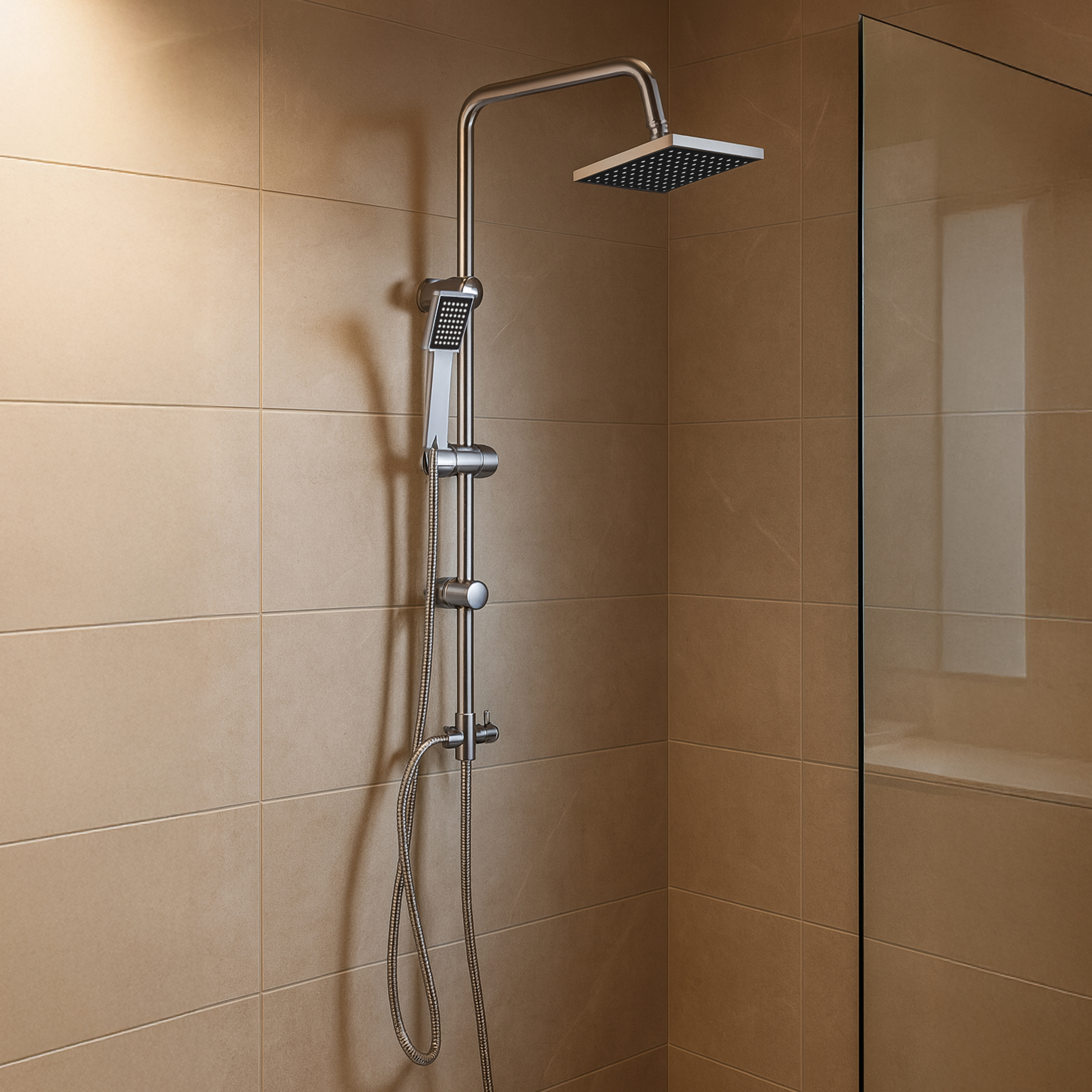 Image of Shower Set Including Overhead Shower, Hand Shower, Hose, Rod, And Connection Set. Shower System Square Rain Shower Set, Shower System, Shower Faucet, Shower