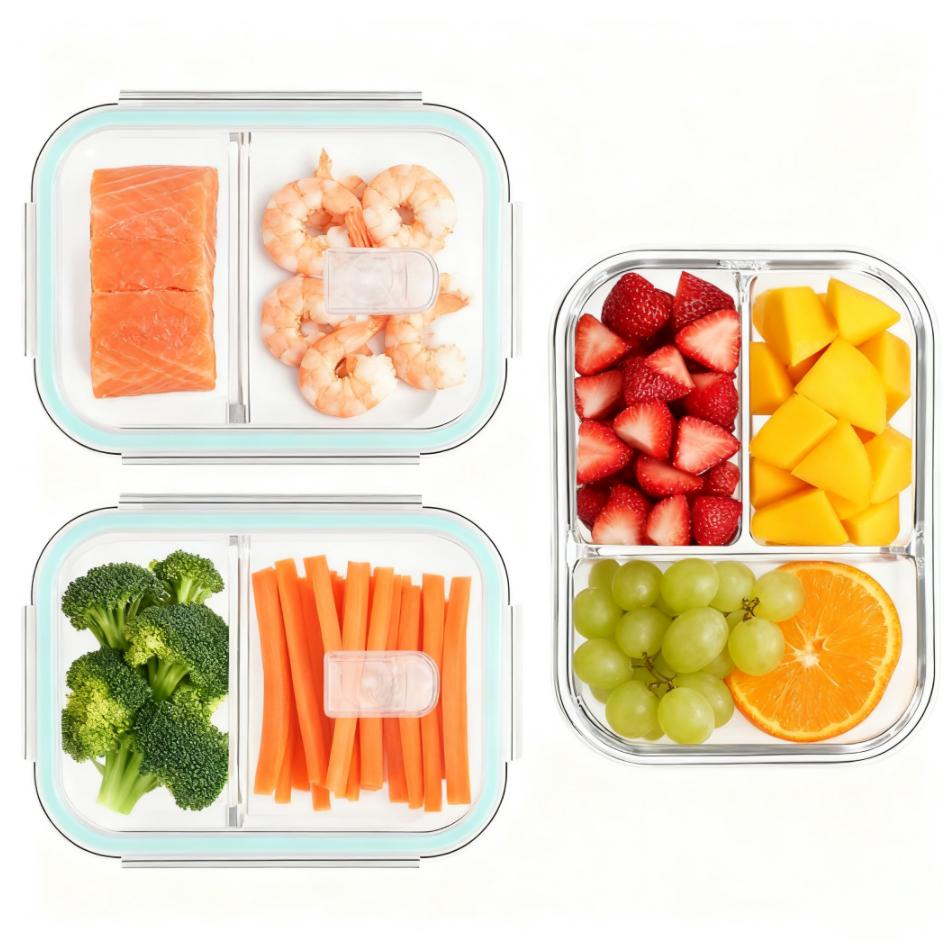 E-shop 3x1040ML Glas-Frischhaltedosen,Glasbehälter mit 2 und 3 Abteilungen,3 Behälter + 3 Deckel,Meal Prep Boxen Glas Lunchbox, Schließglas,