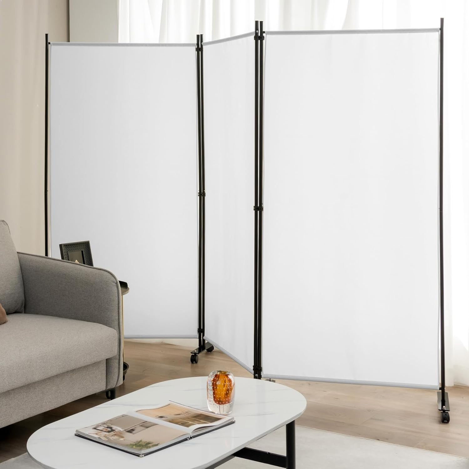 Image of 3 Panel Room Divider On Wheels, 6ft Tall Rolling Privacy Screens, Portable Freestanding Fabric Screen Divider, Porch Shading Partition, Partition Wall Dividers For Indoor, Home, Office, Living Room