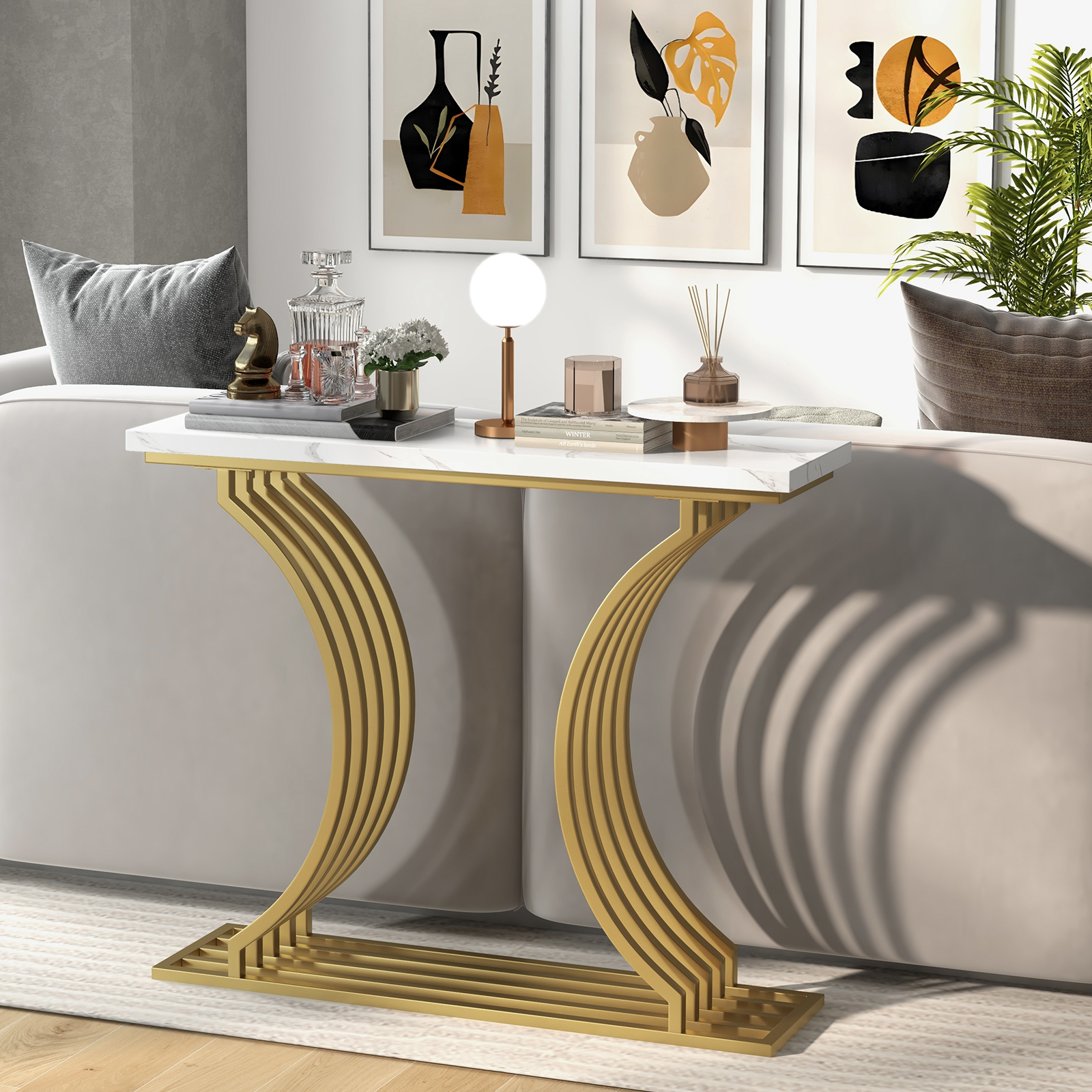 Image of Gold Entryway Table, 39-inch Modern Console Table With White Marble Tabletop, Narrow Sofa Table With Geometric Metal Legs For Living Room, Entrance, Foyer