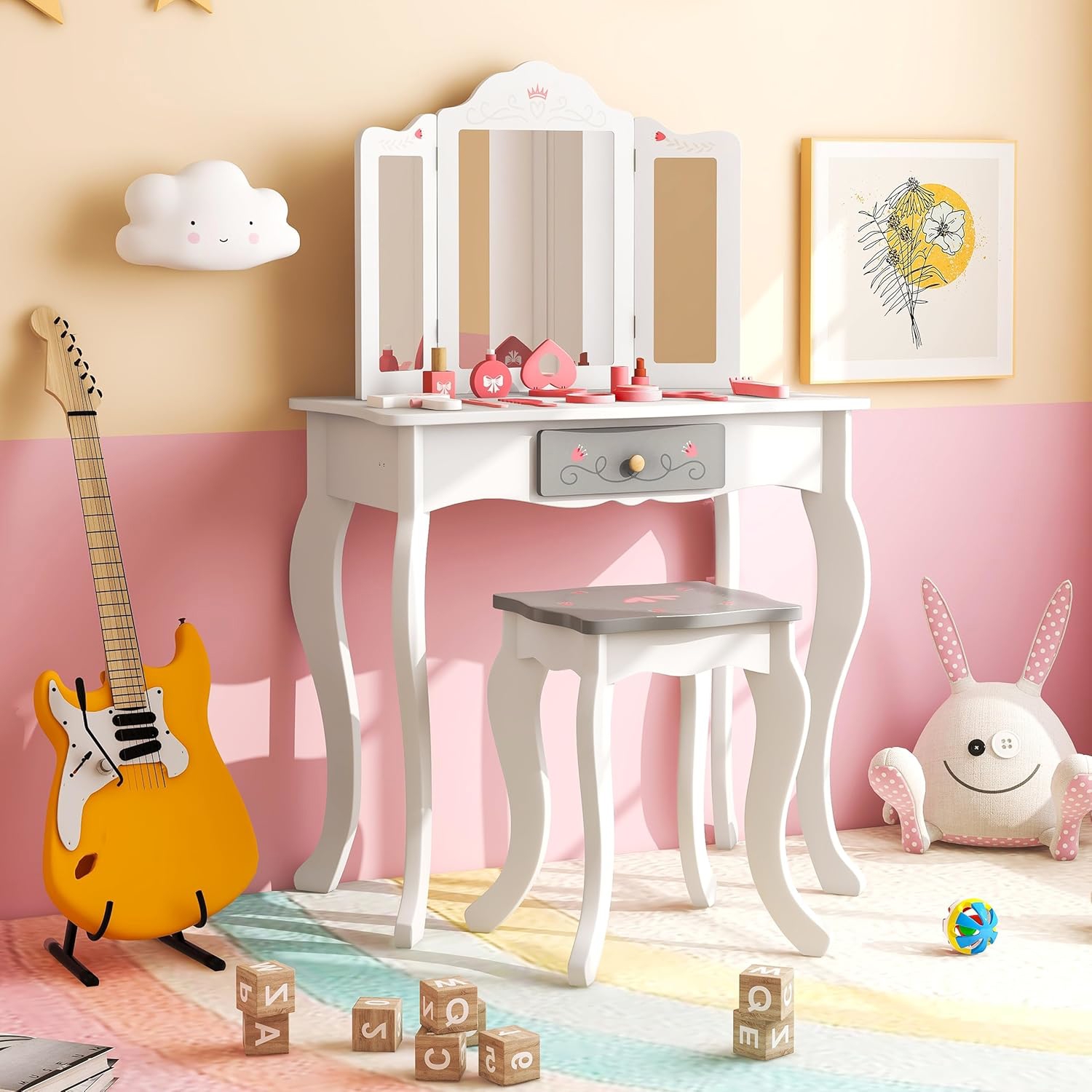 Image of Kids Vanity Set, 2-in-1 Princess Makeup Table & Chair Set With Tri-folding Mirror, Storage Drawer & Sweet Accessories, Pretend Play Vanity Set For Kids Aged 3+ Years Old