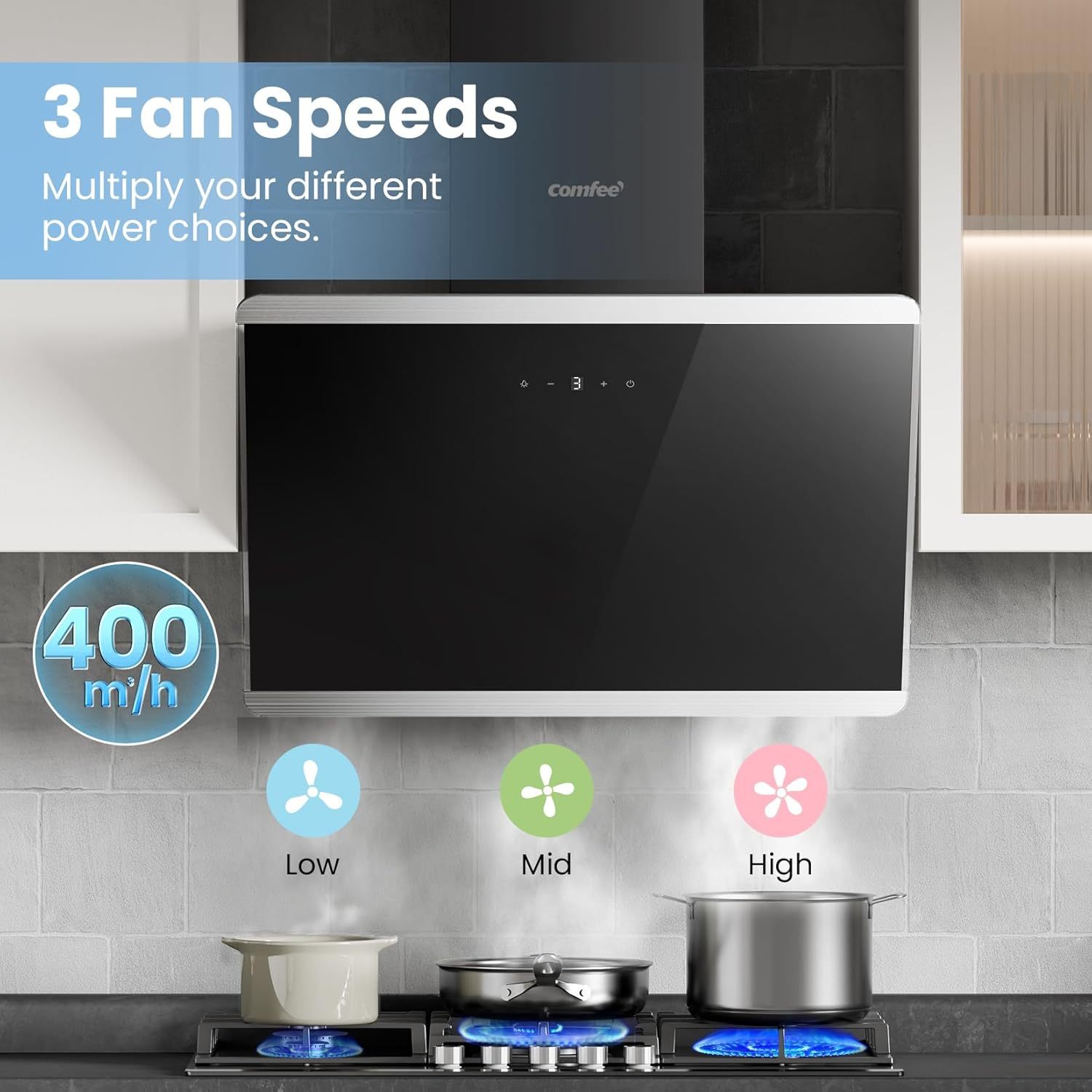 Midea COMFEE' 60cm Angled Cooker Hood (Black) – A++ Energy Class Tempered Glass Extractor with Touch Screen, LED, Recirculating & Ducting System, Wall-Mounted Kitchen Fan, Great for Home Cooking Spaces