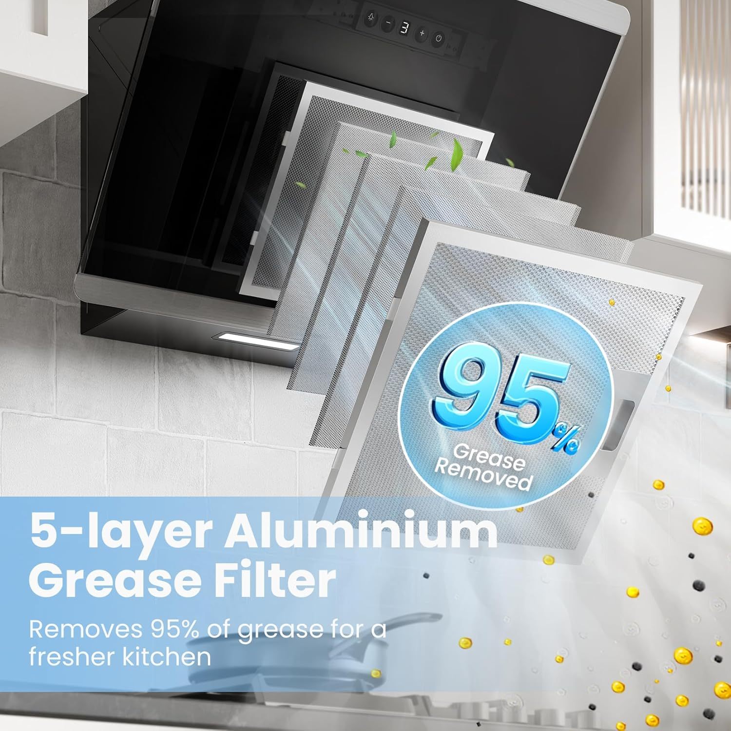 Midea COMFEE' 60cm Angled Cooker Hood (Black) – A++ Energy Class Tempered Glass Extractor with Touch Screen, LED, Recirculating & Ducting System, Wall-Mounted Kitchen Fan, Great for Home Cooking Spaces