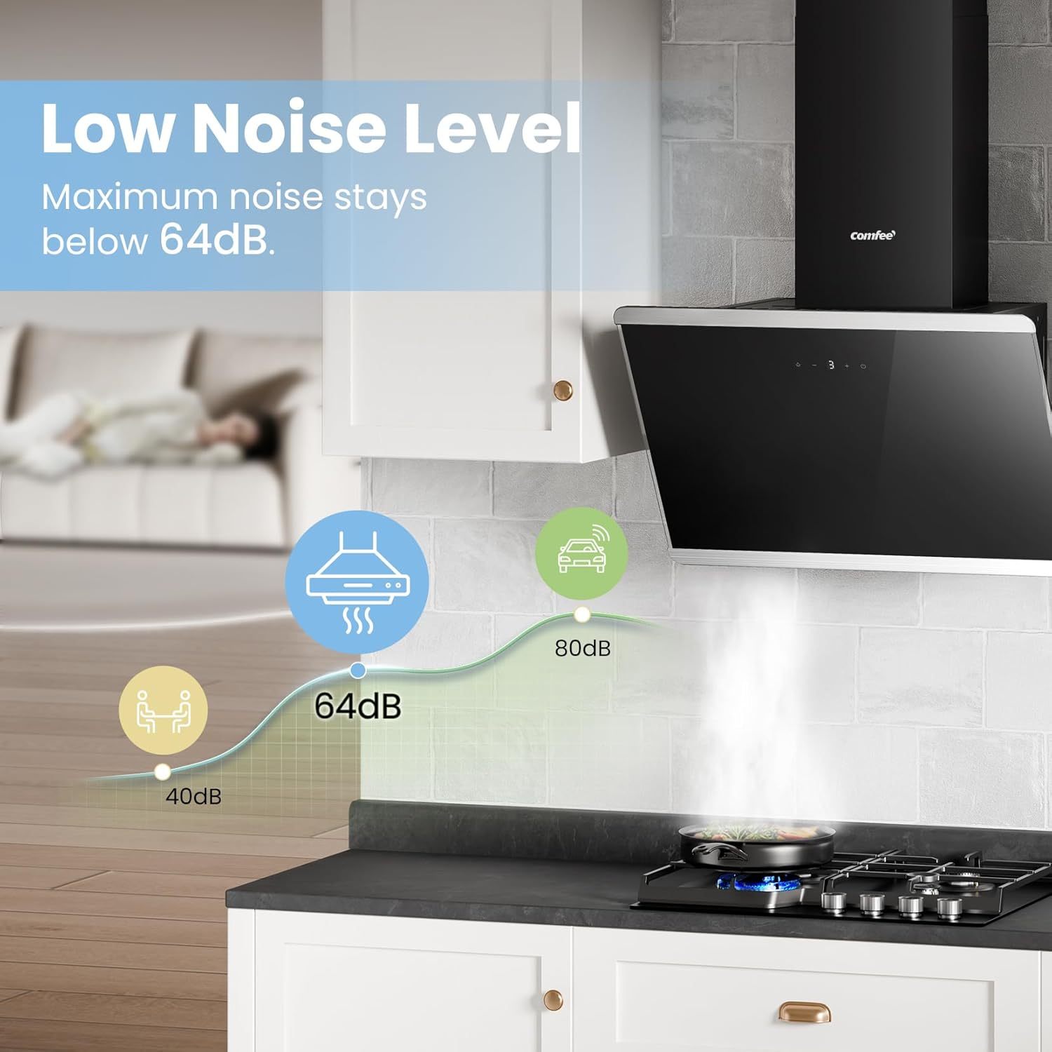 Midea COMFEE' 60cm Angled Cooker Hood (Black) – A++ Energy Class Tempered Glass Extractor with Touch Screen, LED, Recirculating & Ducting System, Wall-Mounted Kitchen Fan, Great for Home Cooking Spaces