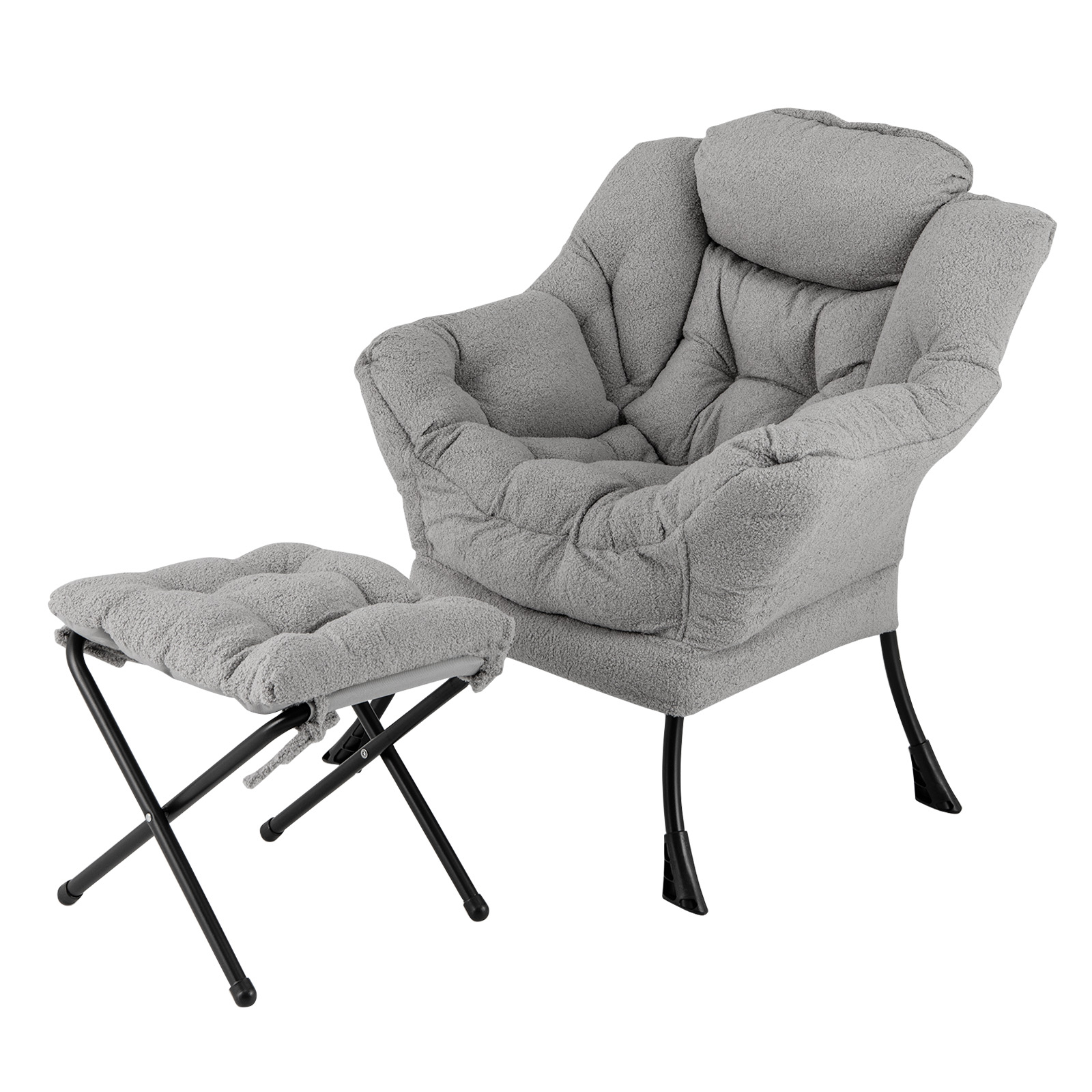 Image of Lazy Chair With Ottoman, Modern Accent Chair With Folding Footrest, Head Pillow, Armrests, Storage Pocket, Upholstered Sherpa Reading Chair For Living Room, Bedroom, Office, Balcony, Grey