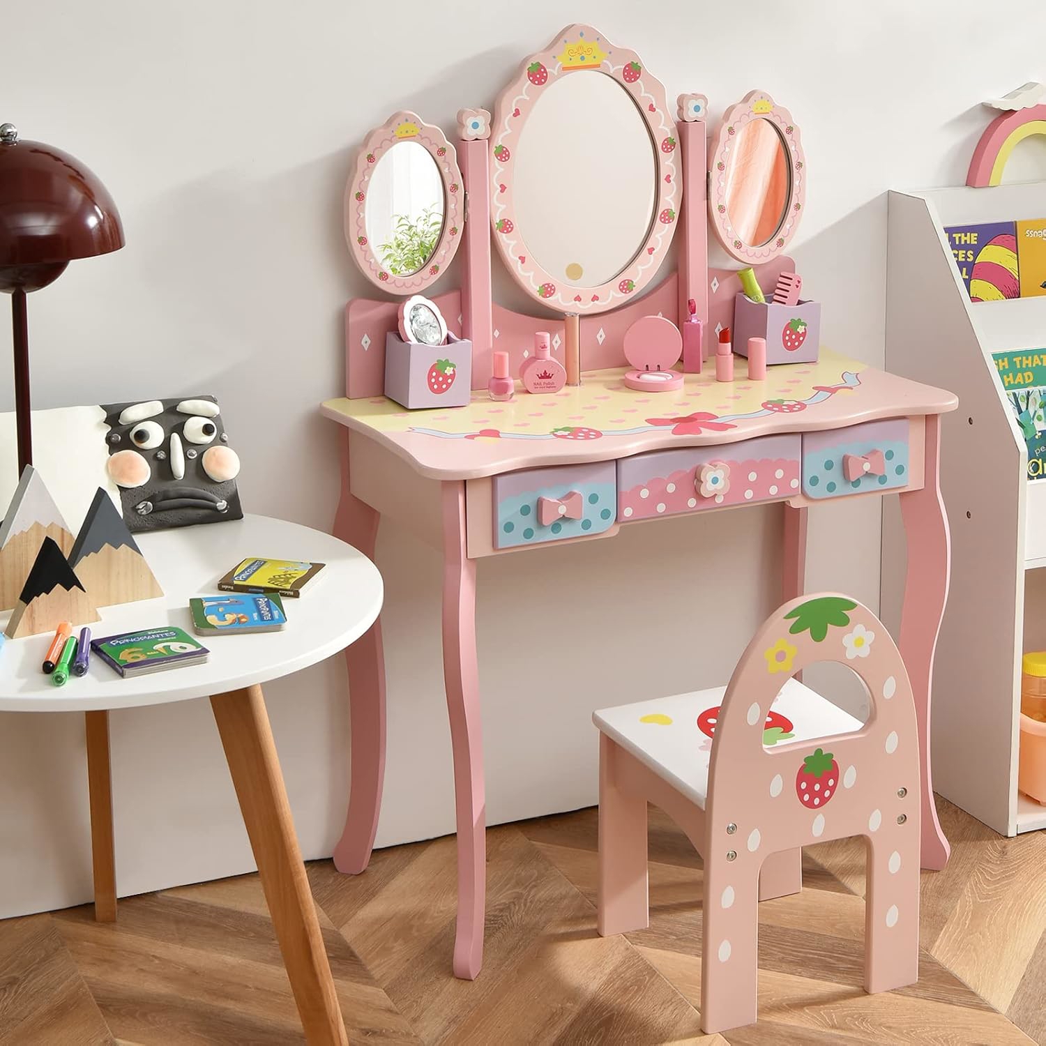 Image of Kids Vanity Table And Chair Set, 2in-1 Makeup Dressing Table With Detachable Tri-folding Mirror And Storage Drawers, Pretend Kids Vanity Set For Little Princess, Pink