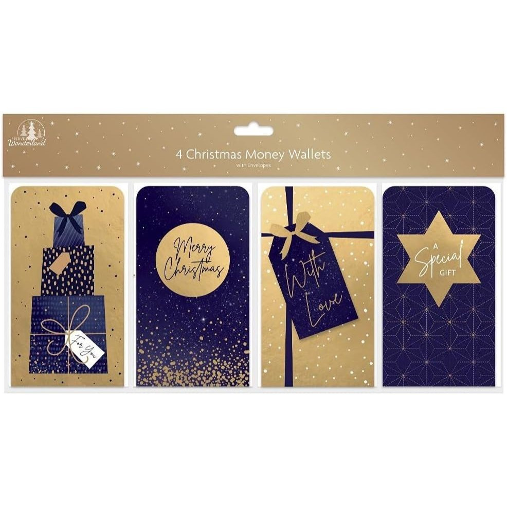 TEMU Bg Tallon 4 Money Wallets Festive Wonderland (bgxc0031) Christmas Gift Wallets & Envelopes, Trendy Blue& Gold Designs - Pack Of 4