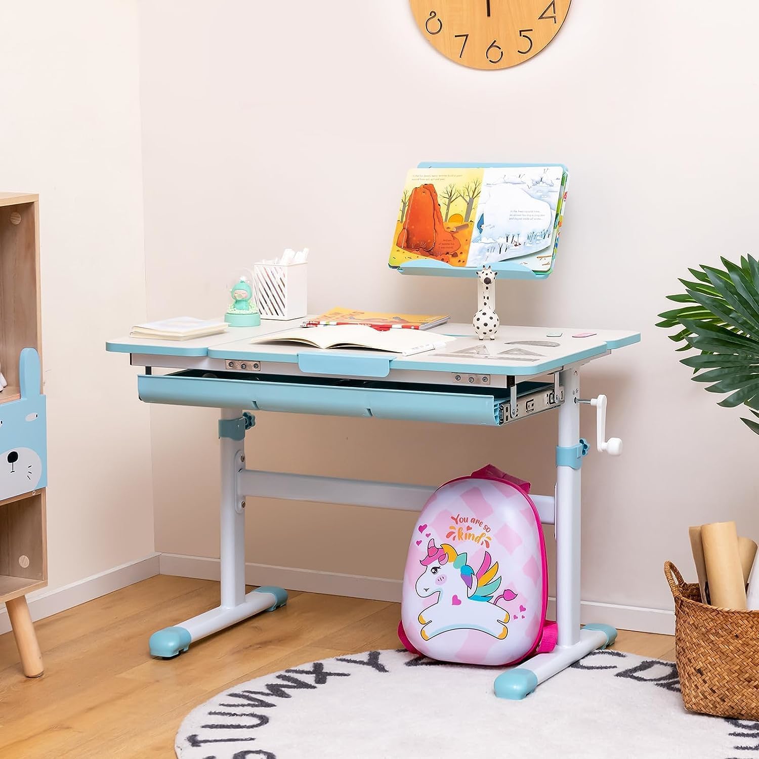 Image of Height-adjustable Kids Desk W/ Tilt Desktop & Book Stand, Storage Drawer & Scale Ruler, Ergonomic Children's Studying Table For Writing, Drawing, Reading, Suitable For Home & School, Blue