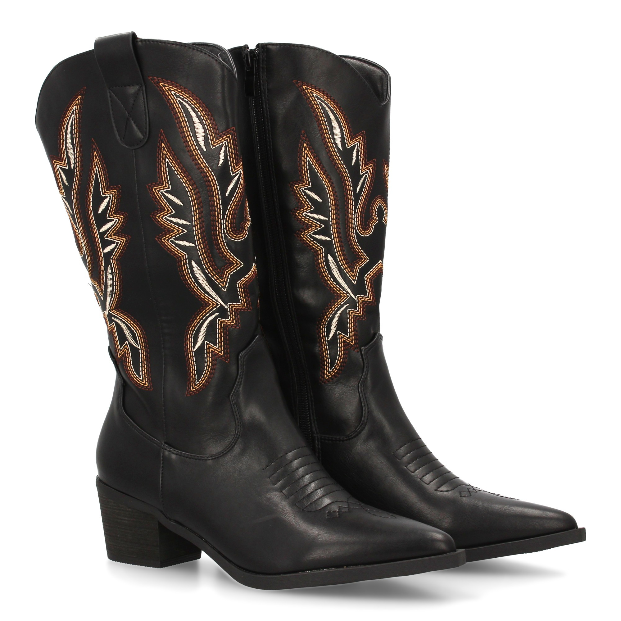Tall Cane Cowboy Boot With Multicolored Embroidery On . It Features A Fine Tip And Wide Heel, Zipper Closure, Ideal For Women, Autumn-winter Season.