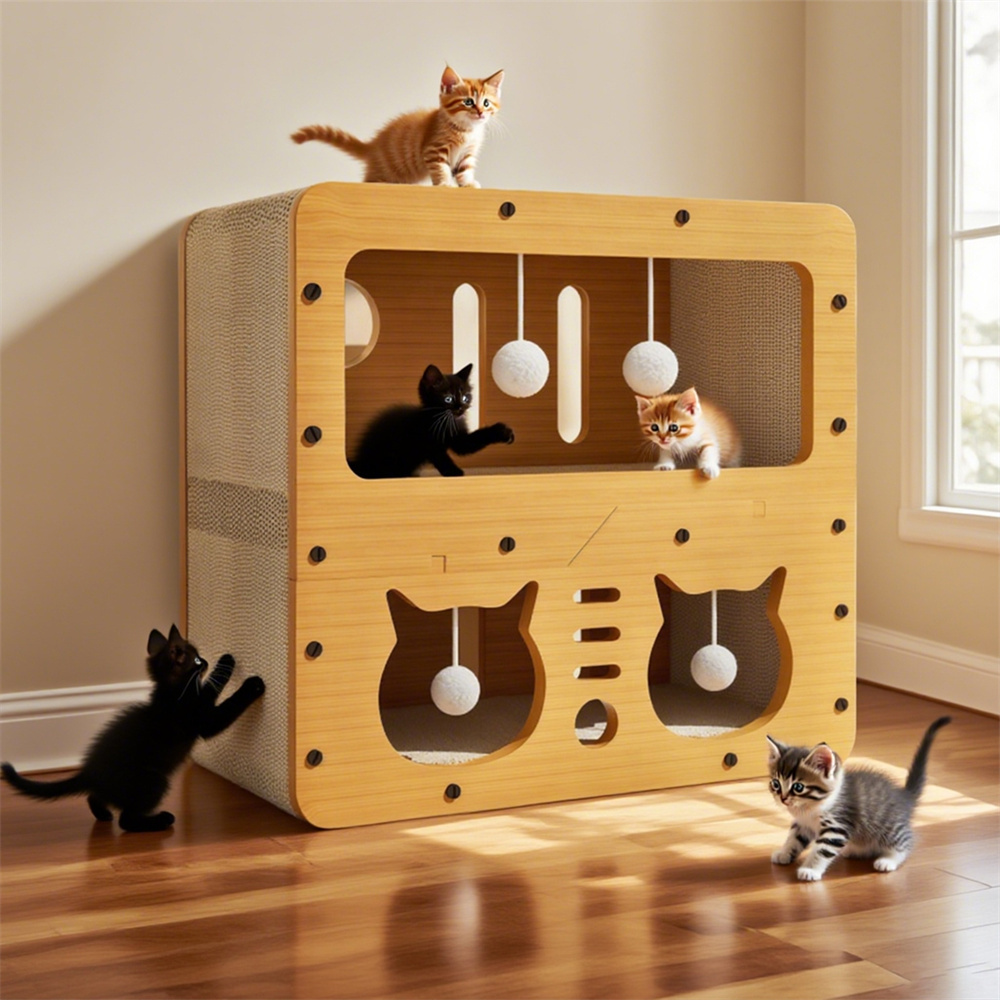 TEMU Dual-level Cat House With Scratching Posts,multi-level Cat Condo With Entry/exit Doors,cat Scratching Board,cat Toys Posts,space-saving Indoor