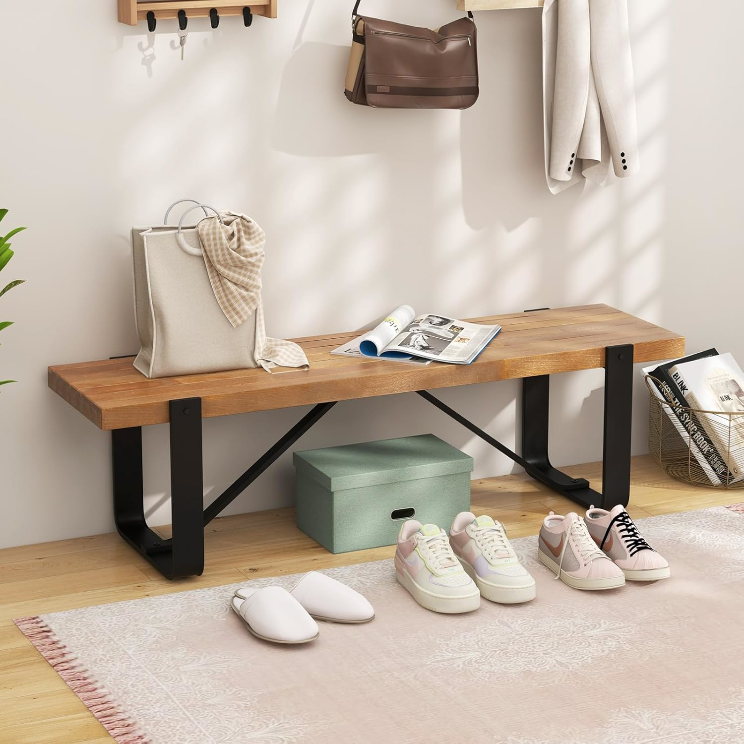 Image of Entryway Bench, 60" Long Hallway Bench W/ Metal Frame, Rustic Farmhouse Wooden Shoe Rack, Dining Bench, End Of Bed Bench, 660 Lbs Load Bearing, For Living Room, Bedroom, Entryway, Dining Room