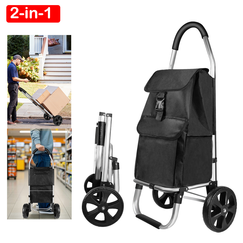 E-shop 2-in-1 Faltbarer Einkaufswagen mit großen Rädern, tragbarer Einkaufswagen, Aluminiumlegierungsrahmen, leiser Trolley, 40L Fassungsvermögen,