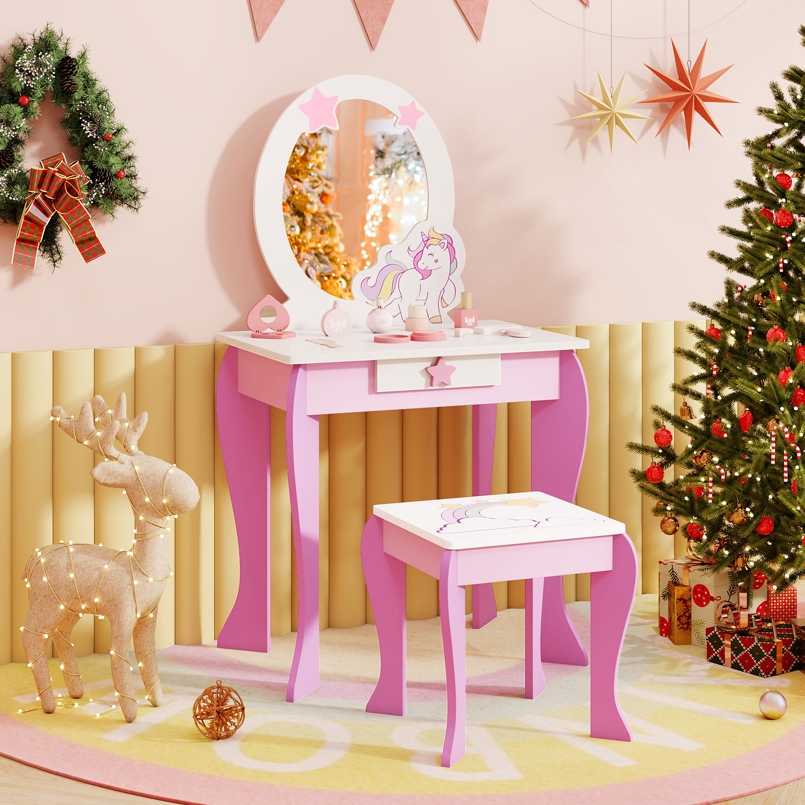 Image of Kids Vanity Table And Chair Set, Princess Makeup Dressing Table W/ Mirror & Stool For Little Girls, 2 In 1 Vanity Set Writing Desk W/ Detachable Top & Drawer For Kids Room Bedroom Nursery