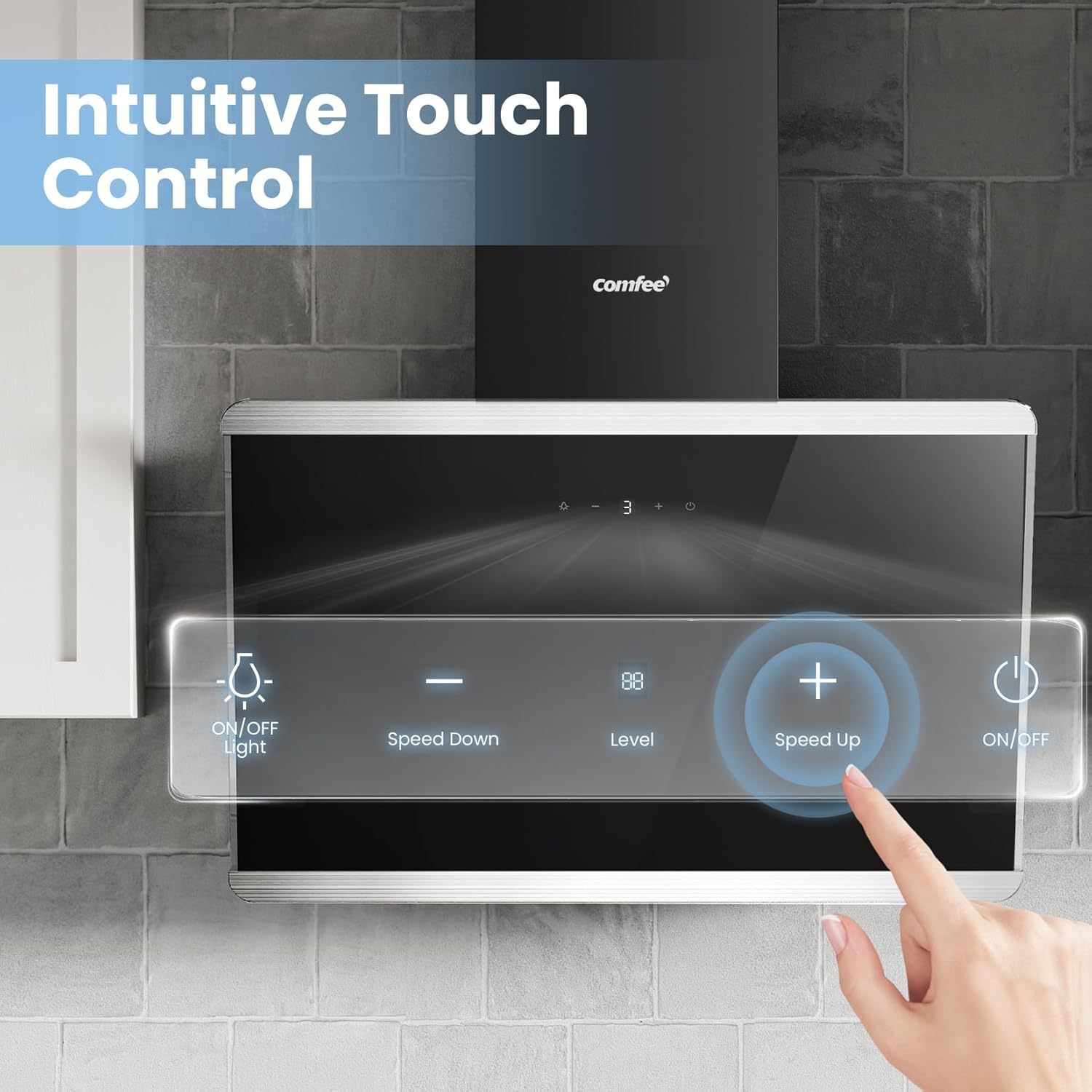 Midea COMFEE' 60cm Angled Cooker Hood (Black) – A++ Energy Class Tempered Glass Extractor with Touch Screen, LED, Recirculating & Ducting System, Wall-Mounted Kitchen Fan, Great for Home Cooking Spaces