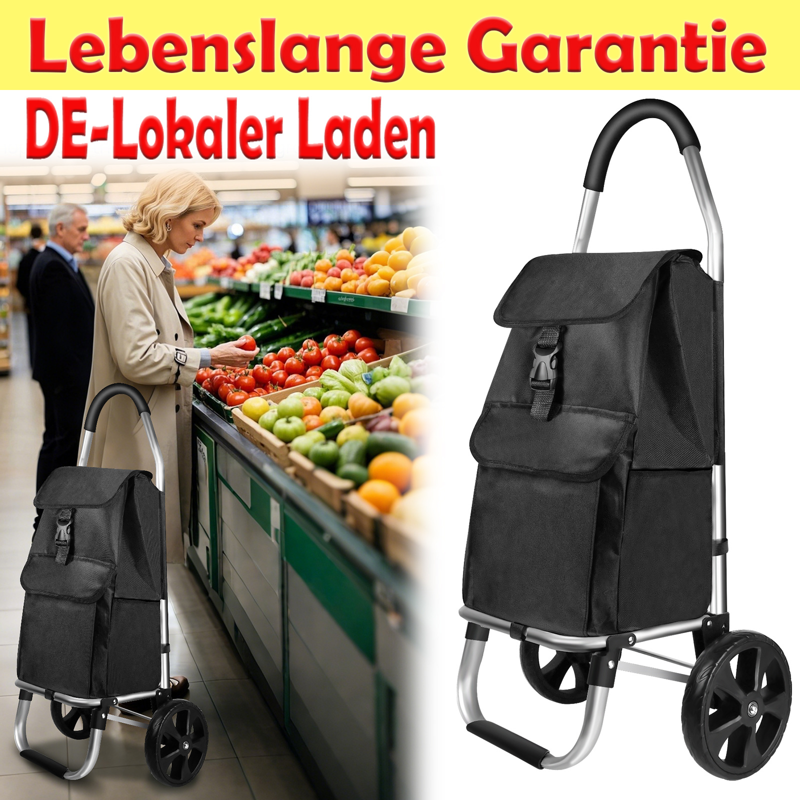 E-shop Aluminium Einkaufstrolley Treppensteiger, Leichter Einkaufswagen zum Zusammenklappen - 2-Rad-Treppensteiger, 40 Liter Großvolumen, Extra große