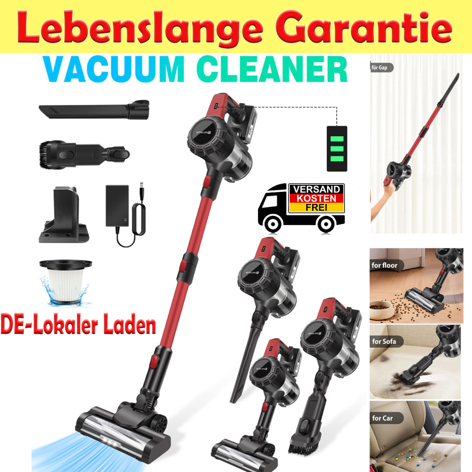 E-shop DayPlus 800W Kabelloser Staubsauger | 45 kPa Saugkraft | & Handheld | Leicht & Beutellos | HEPA-Filter & LED-Leuchte | 3,0 Ah Akku | Für