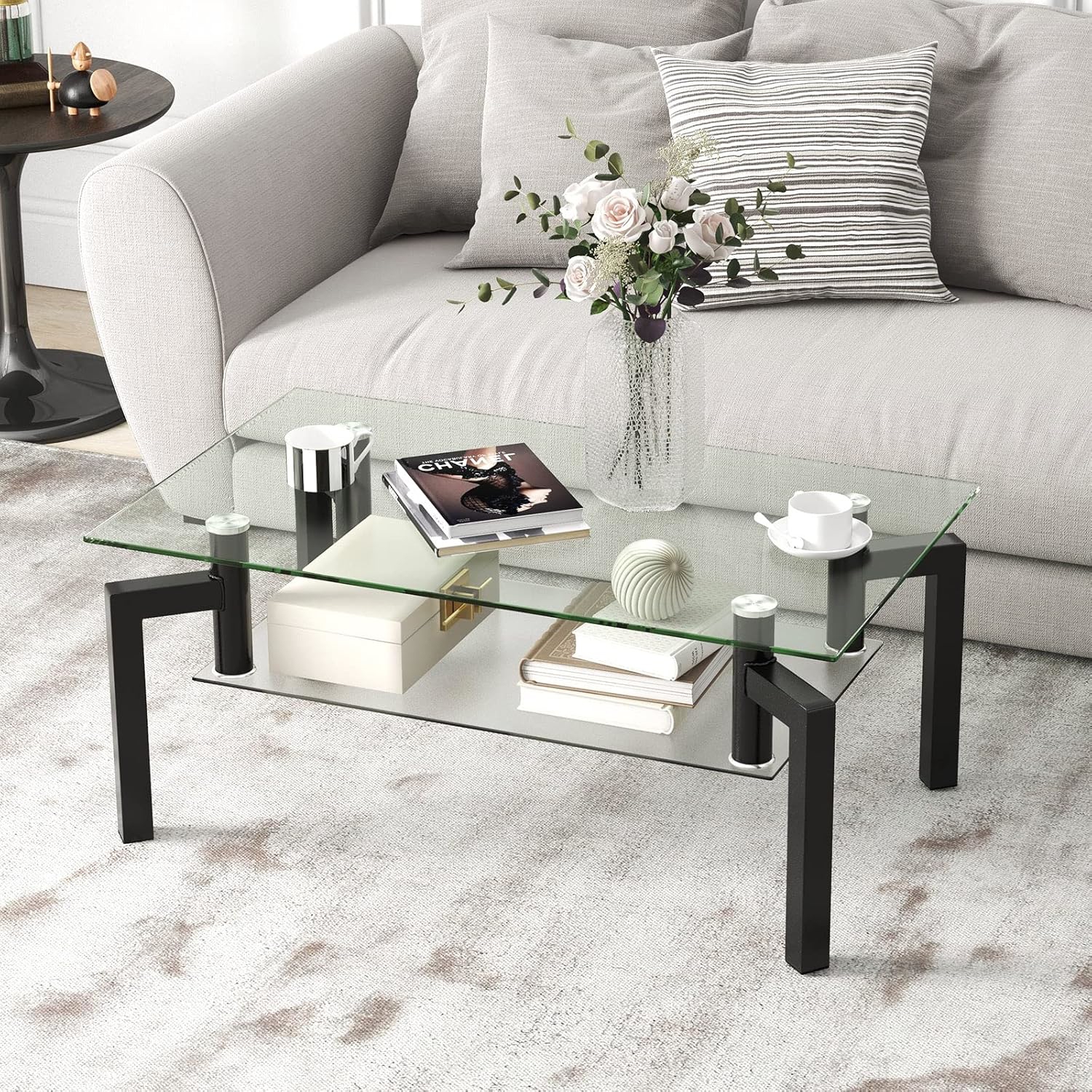 Image of Rectangular Glass Coffee Table, 2-tier Modern Accent Table & Tempered Glass Tabletop & Frosted Glass Shelf, Multifunctional Cocktail Table With Heavy-duty Meal Legs For Living Room, Black