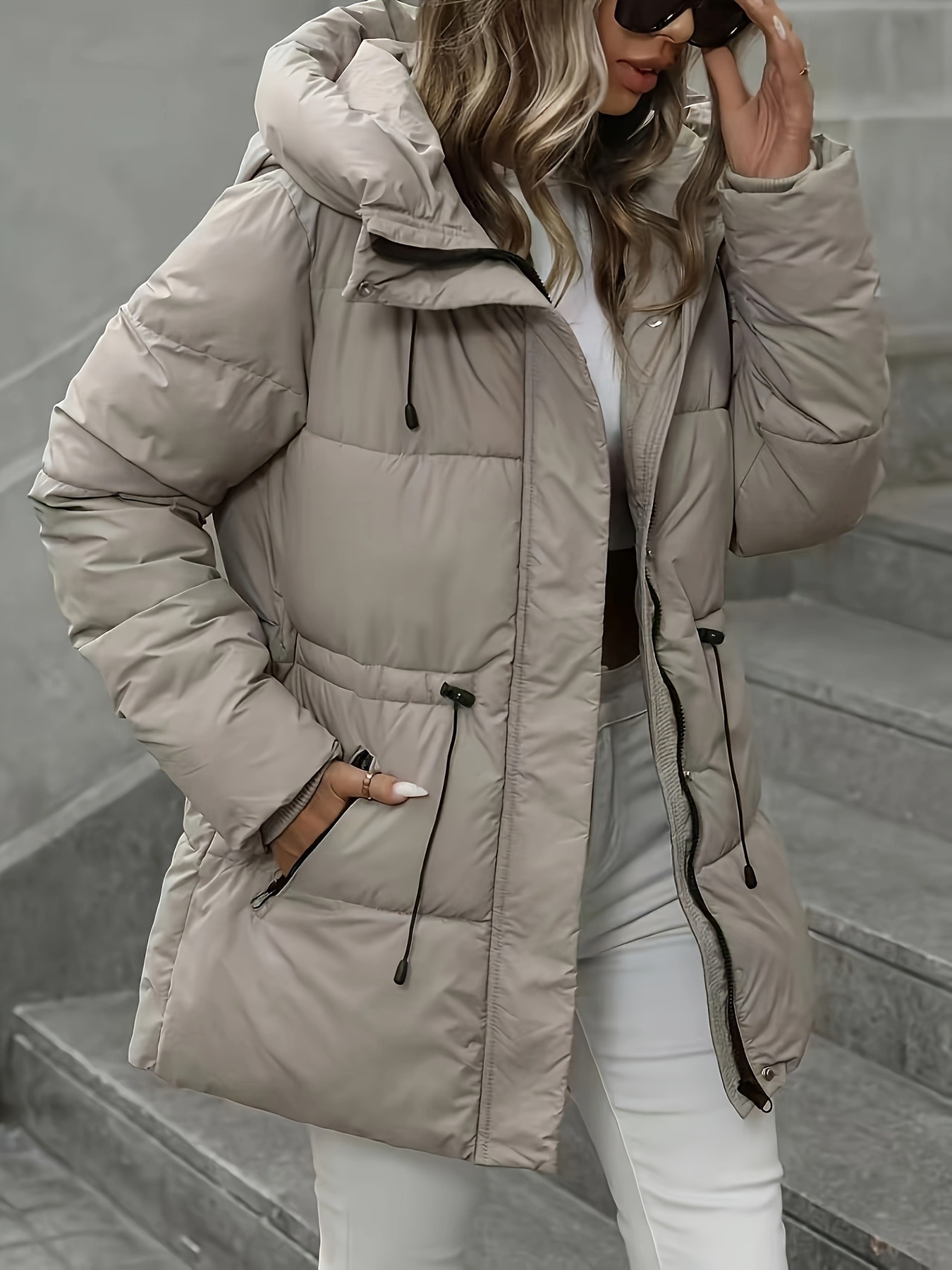 womens thickened warm hooded jacket for autumn winter featuring zipper fashionable casual adjustable waistband   length puffy coat suitable for cold autumn winter days daily commuting outdoor activities details 0