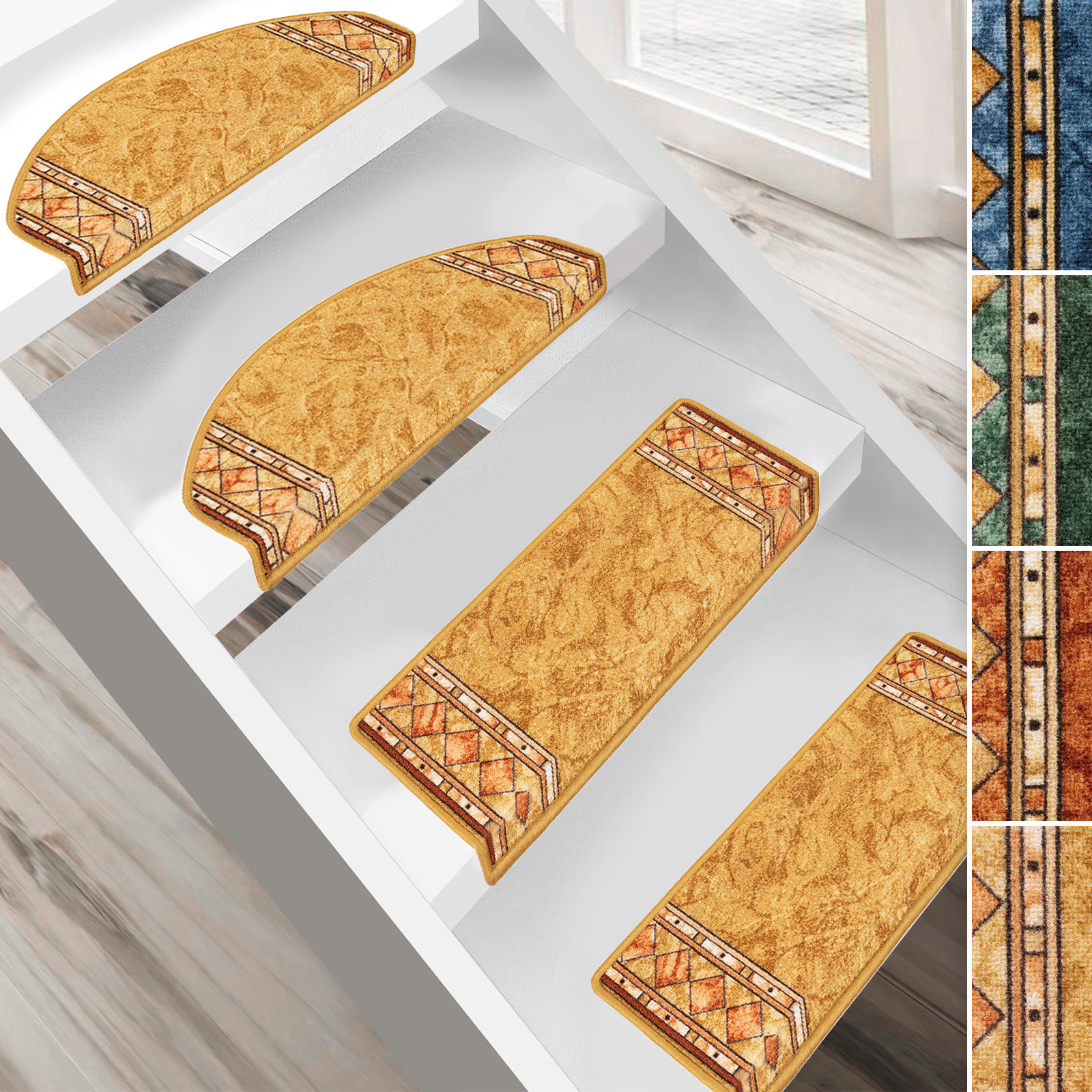 Floordirekt Step Mat - 65 .5 Cm - Semi-circular Or Angular - Vintage Pattern - Stair Mats In - Durable & Easy To Clean - Stair Carpet For Indoor