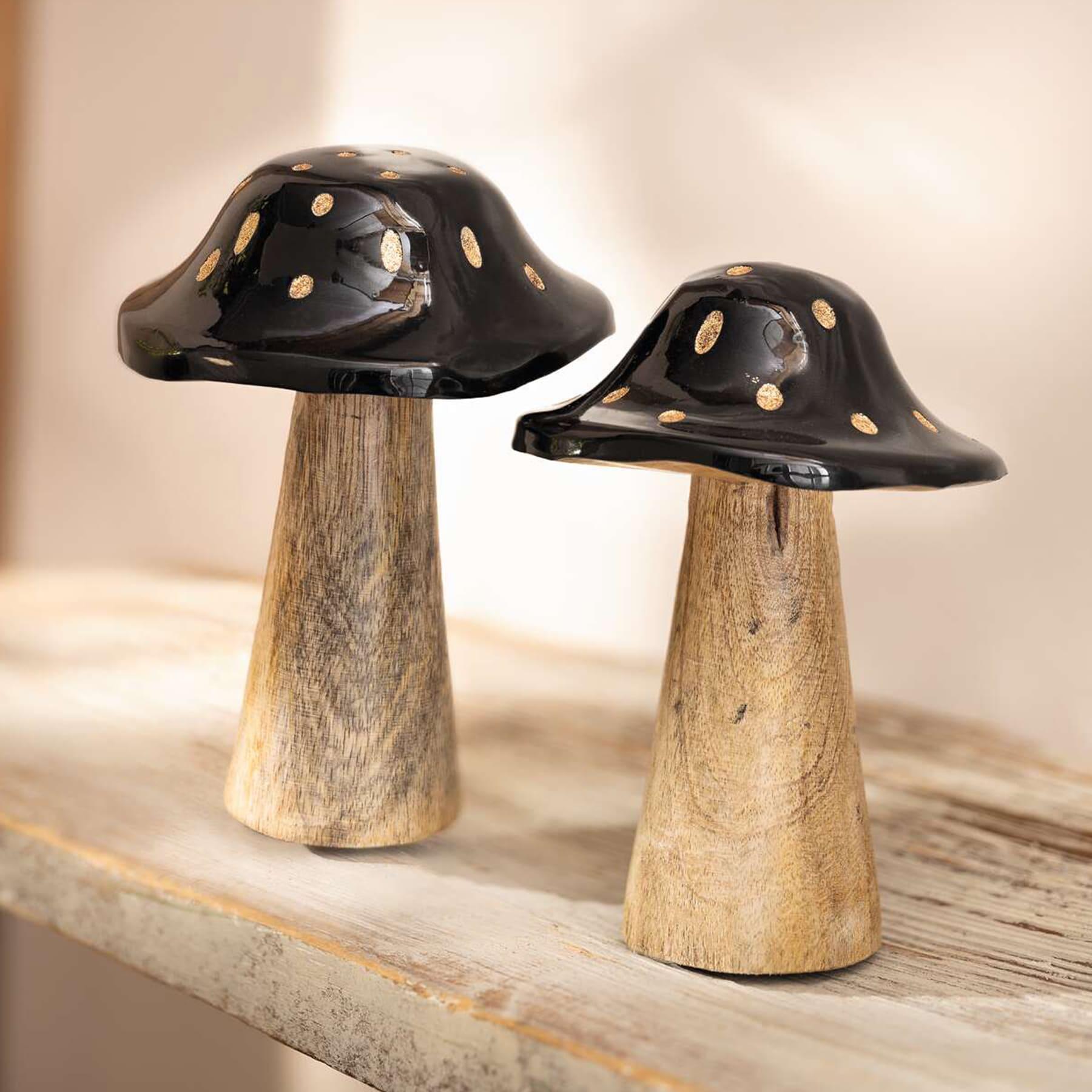 Image of 2x Mushroom "black" Made Of Wood, Large Decorative Mushrooms, 13 + 16 Cm High, Decorative Mushroom Set Black & Golden, Autumn Decoration Mushrooms, Mushroom Decoration, Autumn Decoration