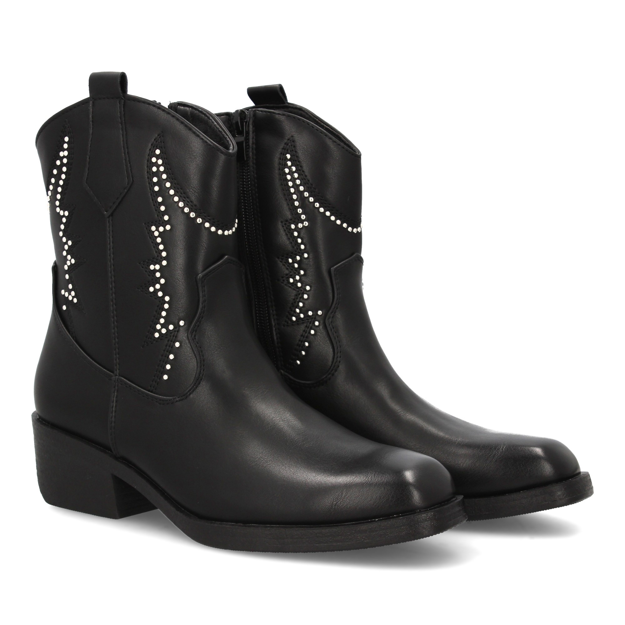 Image of Women's Mid-calf Cowboy Boot With Decorative Studs And Embossed Stitching. Comfortable Wide Heel. Zipper Closure