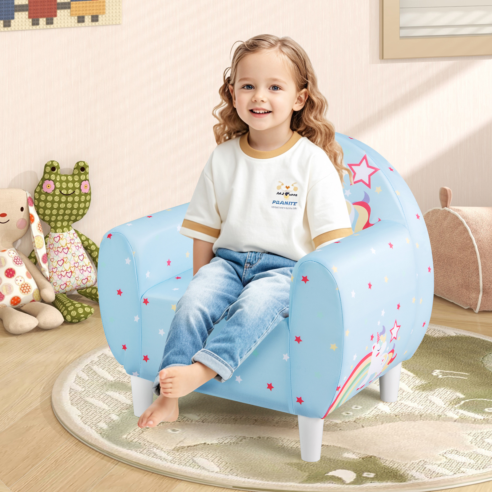 Image of Kids Sofa, Toddler Upholstered Armchair W/breathable Spandex Fabric & High-density Sponge Filling, Colorful Unicorn Children Couch Reading Chair For Boys And Girls, Blue