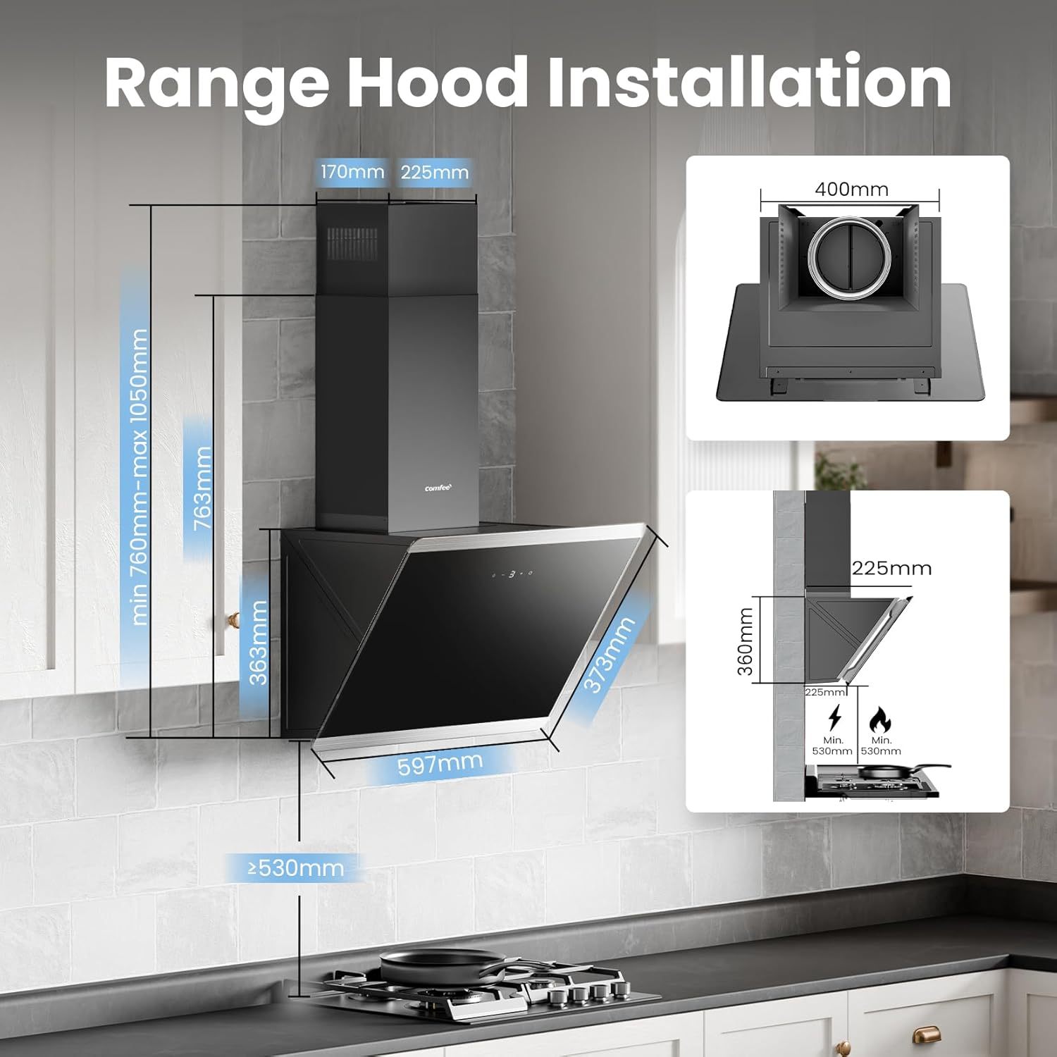 Midea COMFEE' 60cm Angled Cooker Hood (Black) – A++ Energy Class Tempered Glass Extractor with Touch Screen, LED, Recirculating & Ducting System, Wall-Mounted Kitchen Fan, Great for Home Cooking Spaces