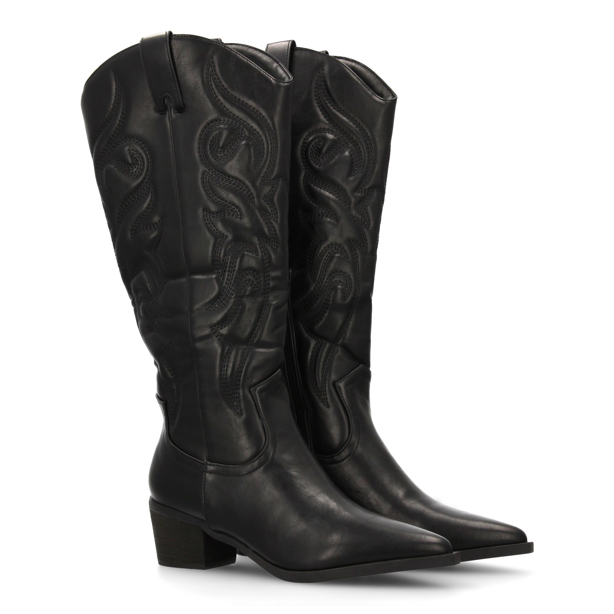 Image of Tall Cane Cowboy Boot With Decorative Embroidery And Fine Tip. Wide Comfortable Heel, Zipper Closure, Ideal For Women In Autumn Winter Season.