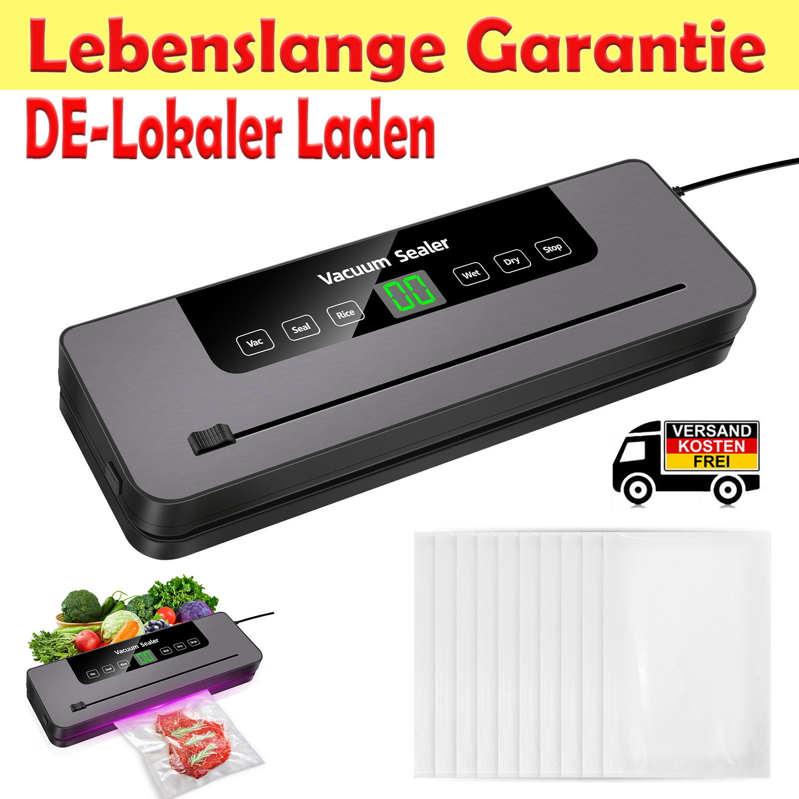 E-shop [6-in-1 Vakuumiergerät] 6-in-1 60kpa 120W Elektrisches Vakuumiergerät mit 10 Beuteln | 30 cm Siegel, Nass/Trocken/Reis , eingebauter &